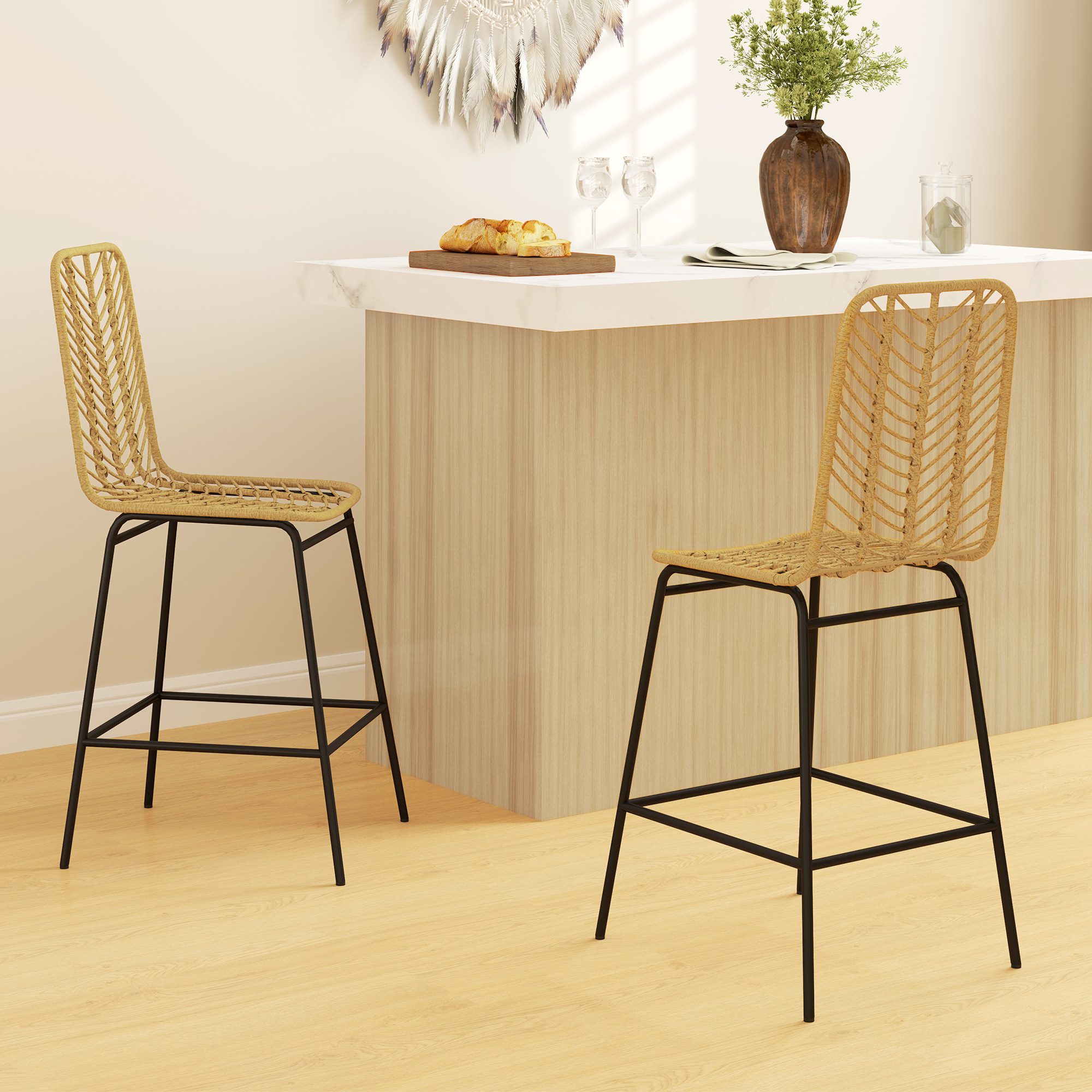 2er Set Barhocker mit Lehne Barstühle im Boho-Design, PE-Rattan, inkl. Fußtstütze, 42,5 cm x 52 cm x 102 cm, Gelb + Schwarz