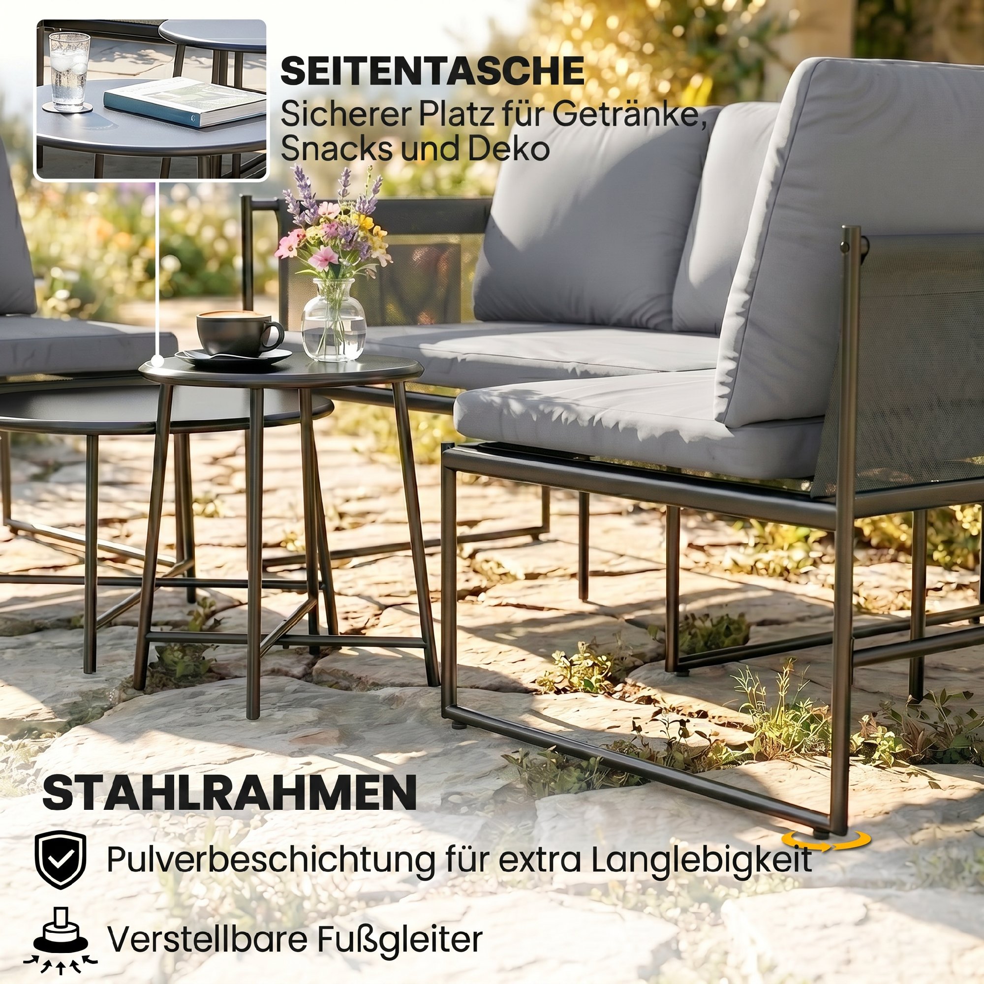 Lounge Gartenmöbel Set 4-5 Personen Gartenlounge Set mit 2 Sitzer Gartensofa Couchtisch Stuhl dick waschbar Kissen
