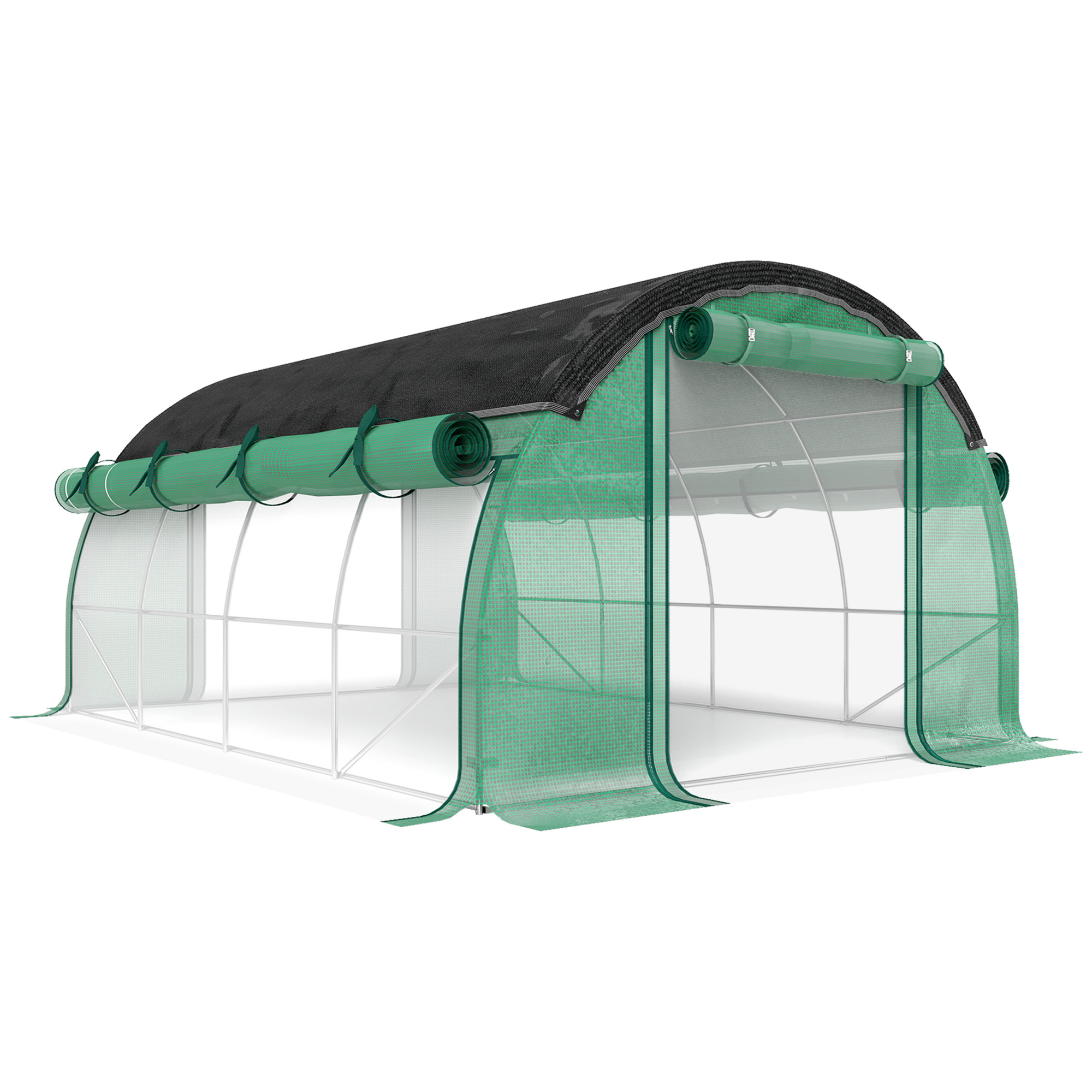4 x 3 x 2 m Polytunnel-Gewächshaus mit Sonnenschutznetz, rollbaren Seitenwänden, Kunststoff-Abdeckung, Stahlrahmen, Grün