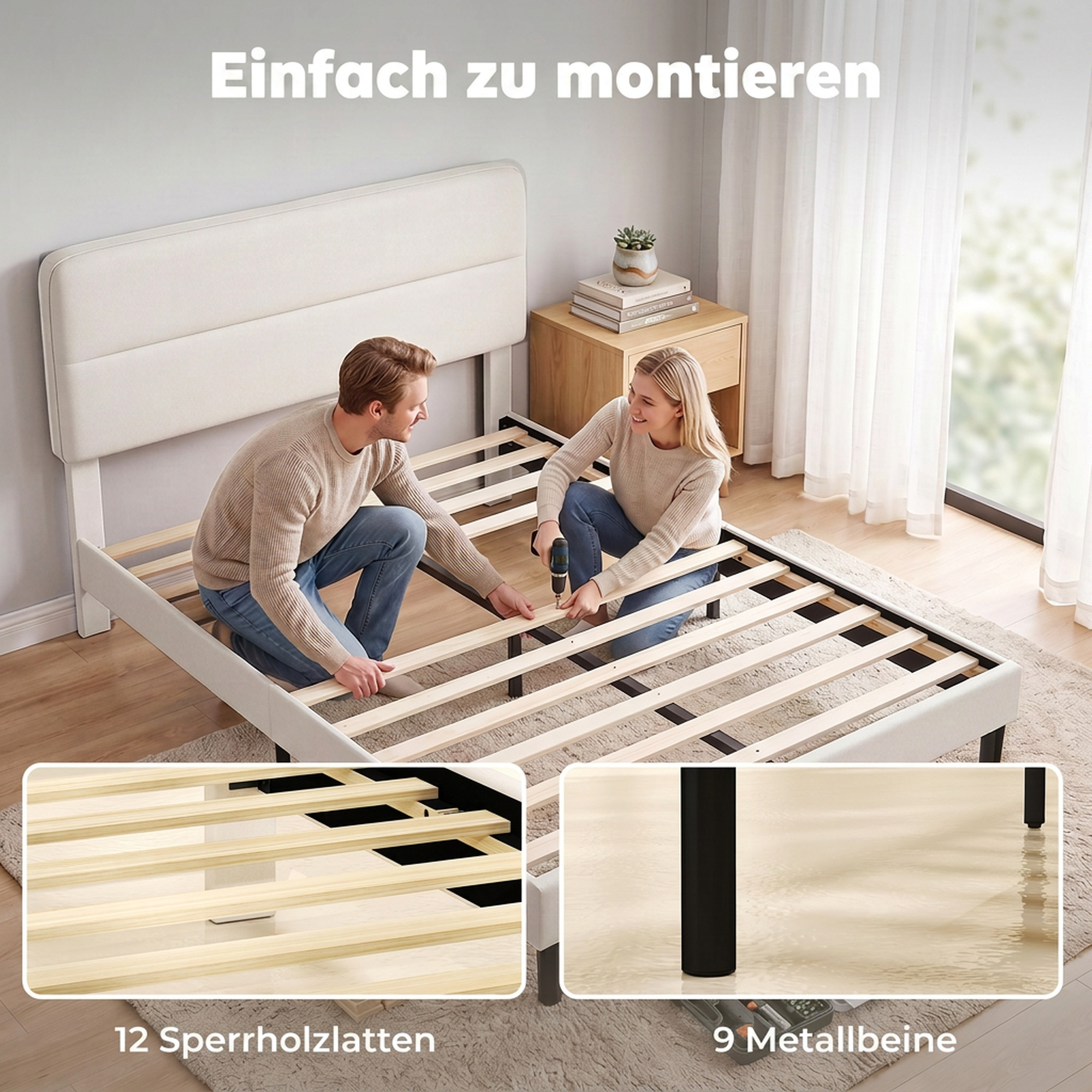 Bettgestell 140 x 200 cm mit verstellbarem Kopfteil, Polsterbett in Leinenoptik mit 12 Sperrholzlatten, Beige