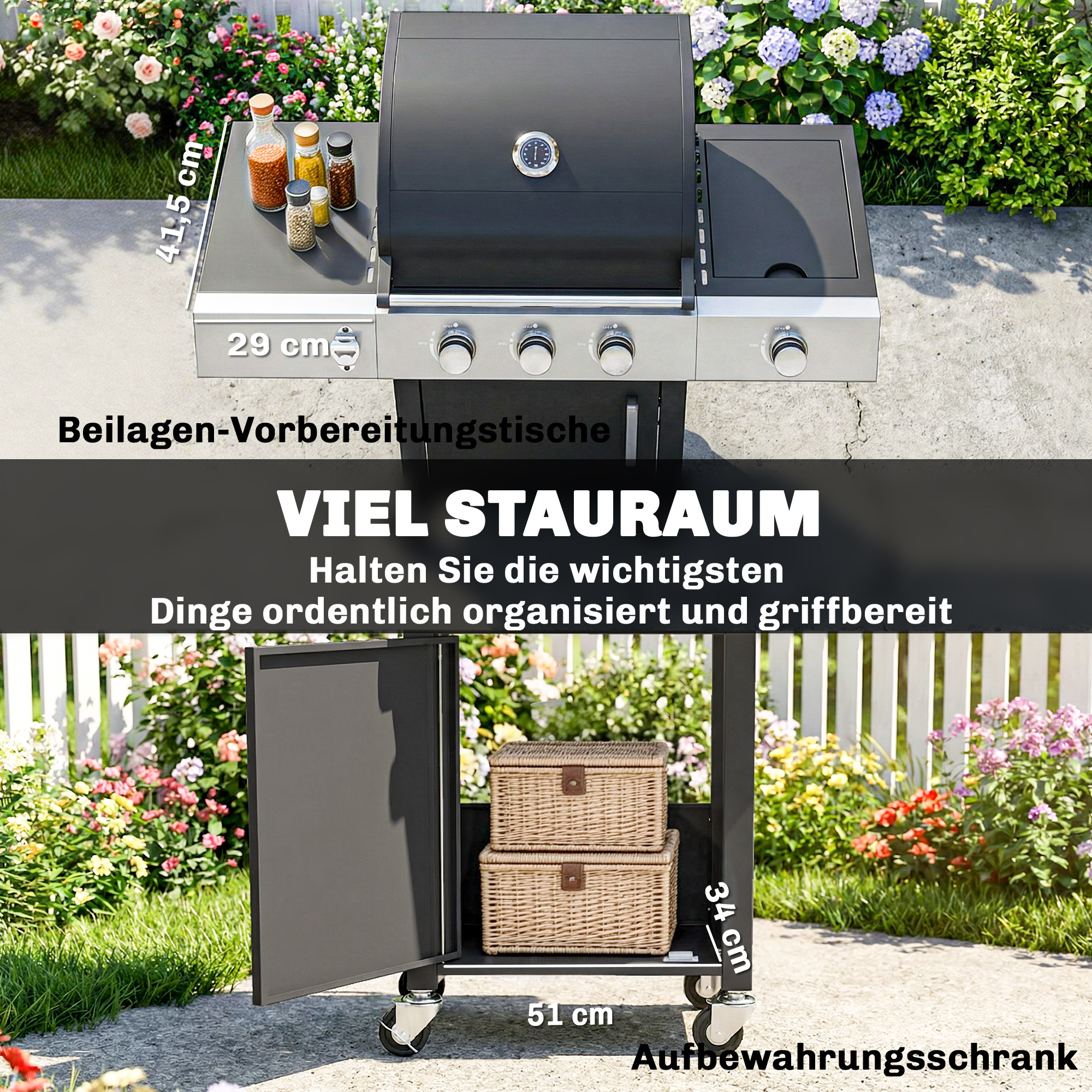 Gasgrill 10,5 KW 3+1 Brenner BBQ Grillwagen Edelstahl inkl Seitenbrenner Flaschenöffner Thermometer Gusseisen-Grillrost