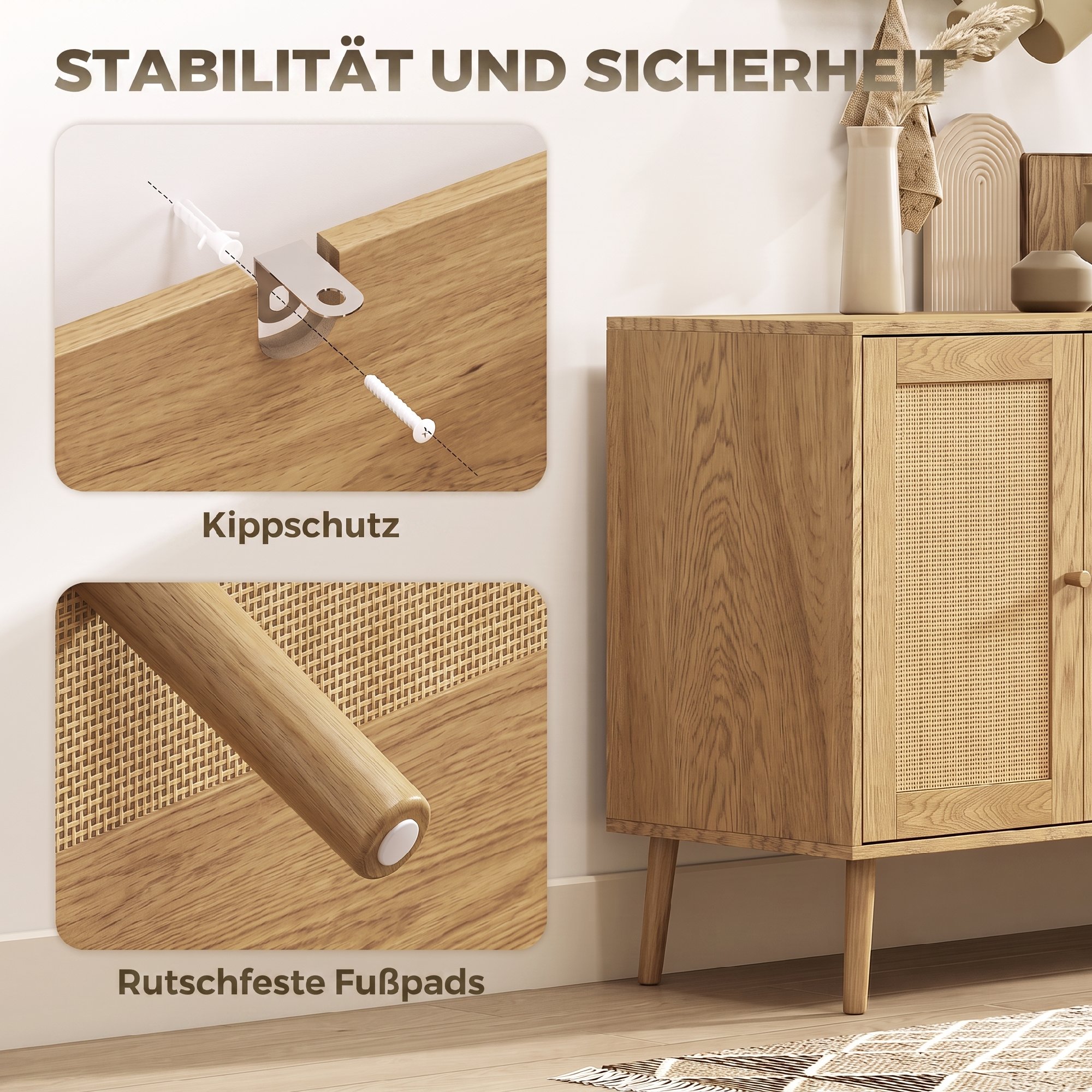 Rattan Sideboard mit 4 Türen, Boho Küchenbuffet mit 2 verstellbaren Einlegeböden, Holzoptik natur