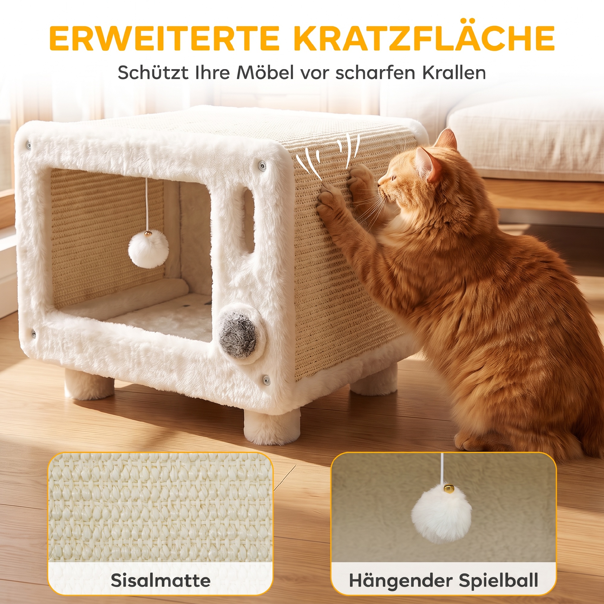 Katzenhaus im TV-Design, Katzenhöhle mit Hängematte und Spielball, Sisal-Kratzmatte, für Katzen bis 7 kg 50 x 33 x 42 cm