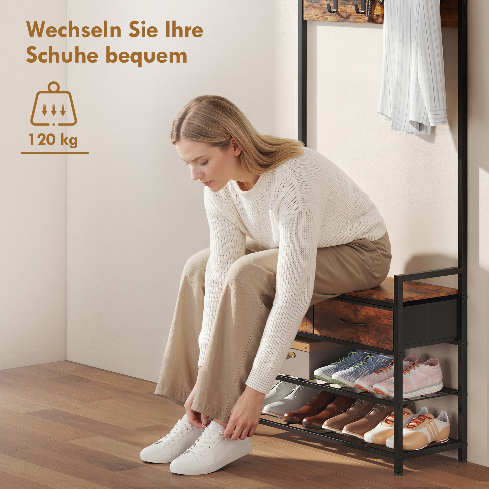 Garderobenständer mit Kleiderhaken, Schuhbank, Industrieller Eingangs-Organizer, Stahlrahmen, Rustikal Braun