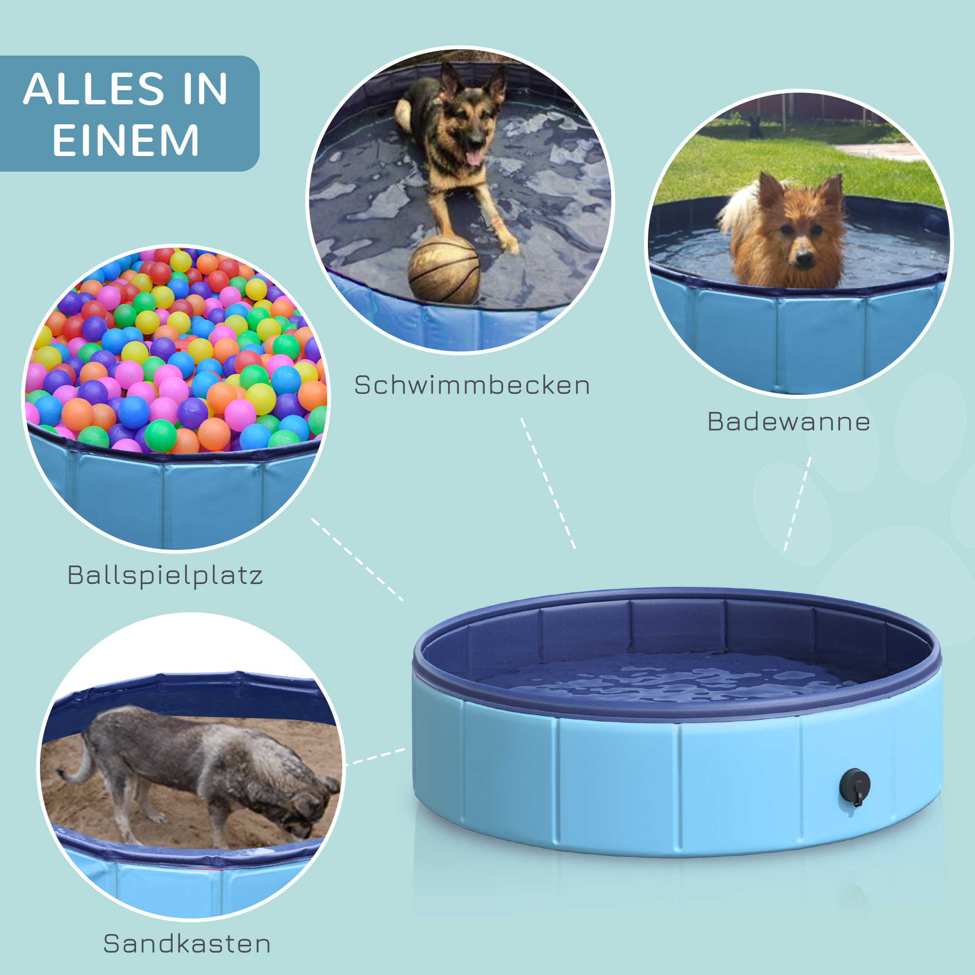 Hundebadewanne faltbar Badewanne Hundepool Plantschbecken Swimmingpool Wasserbecken für Hunde und Katzen Schwimmbecken Kunststoff+Holz Blau Ø80 x H20 cm