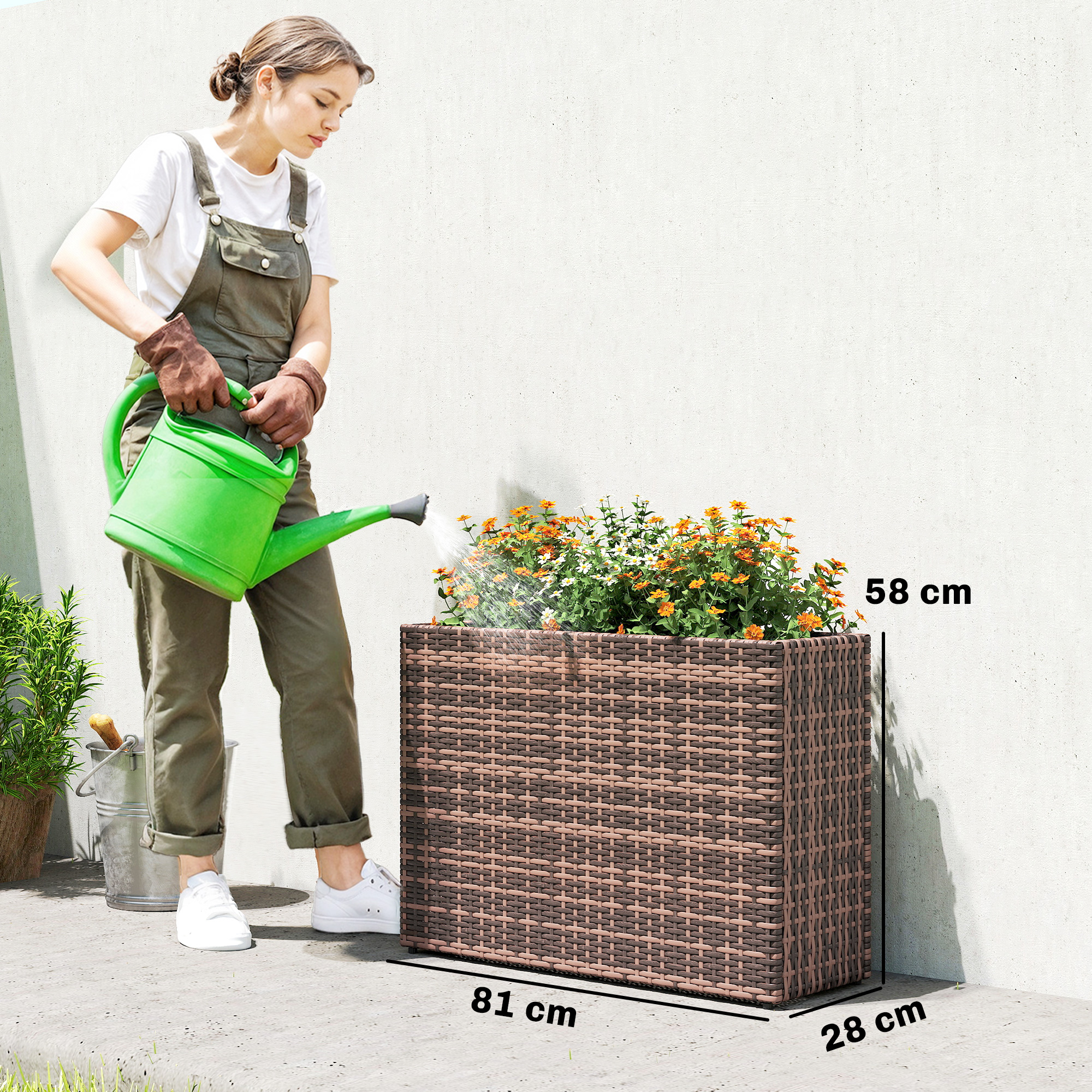 Hochbeet mit verstellbaren Füßen, Rattan Pflanzgefäß mit herausnehmbarem Einsatz für Terrasse und Balkon, Braun
