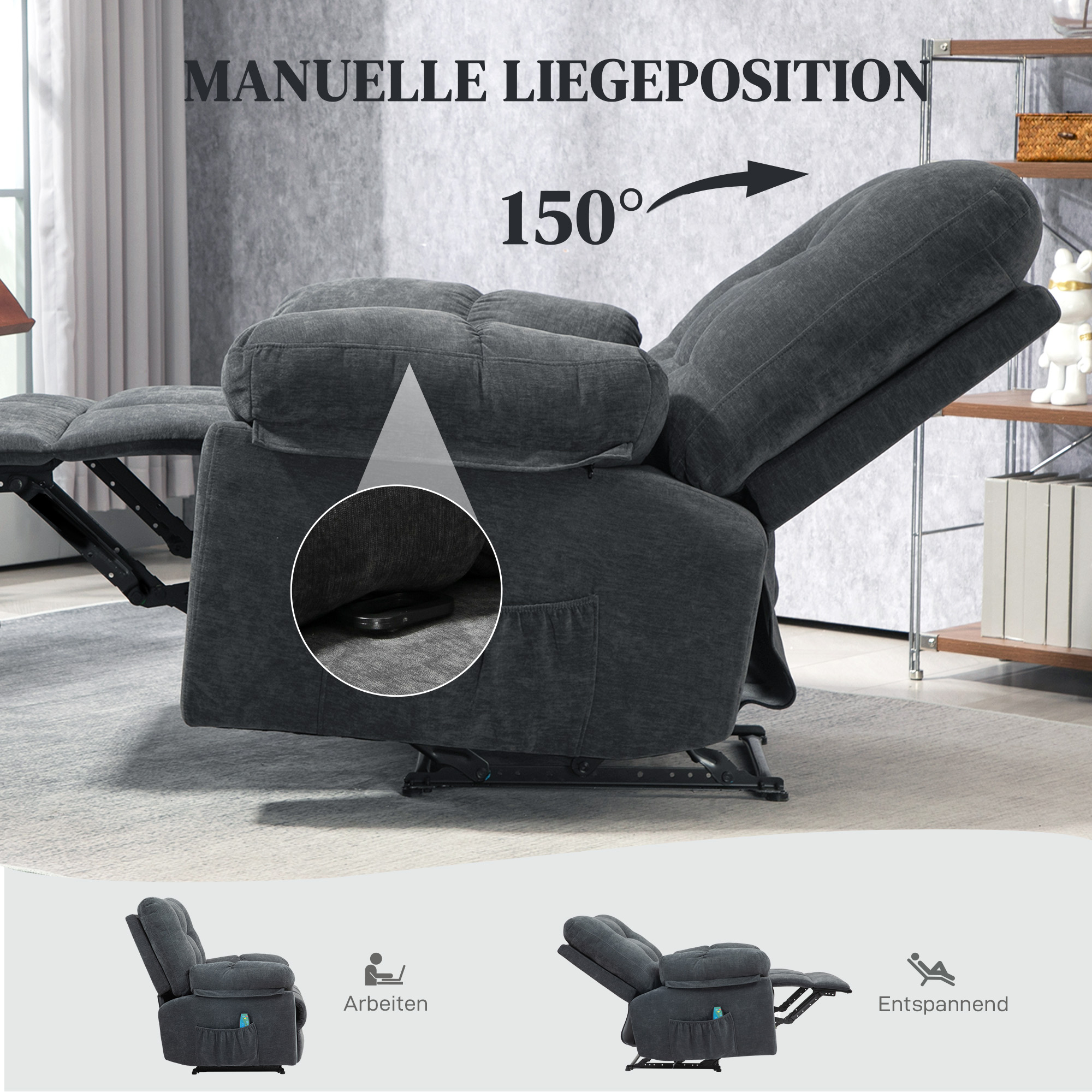 Recliner-Sessel, Massage-Polstersessel mit 8 Vibrationspunkten, verstellbare Fußstütze, Seitentasche, Lehnsessel, Grau