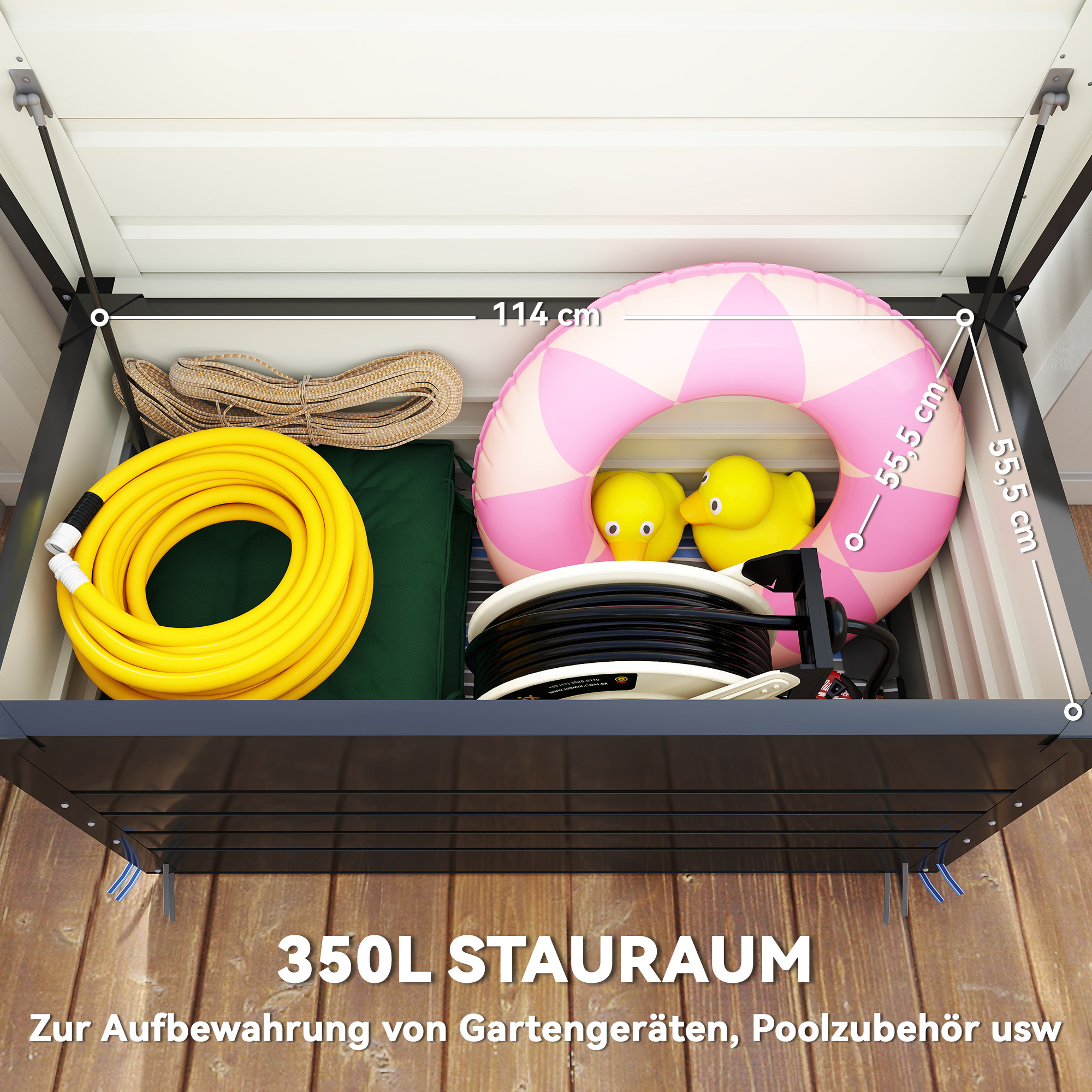 Gartenbox Metall 350L Kissenbox mit doppelwandig Deckel 120 x 61 x 62 cm Wasserdicht Abschließbar Grau