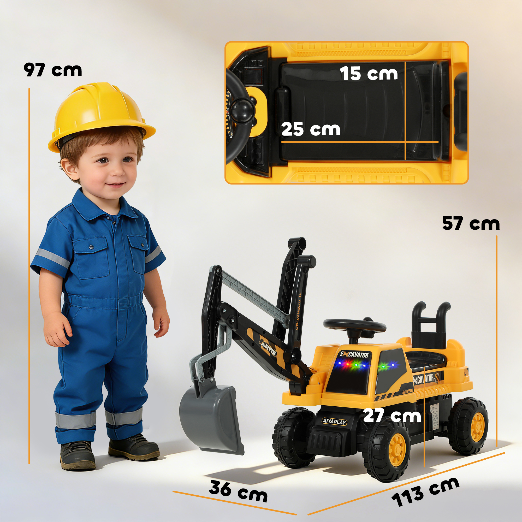 Sitzbagger Aufsitzbagger mit Schaufel Lenkrad drehbar Aufbau verstellbar Rückenlehne für Kinder 1,5-3 Jahre Gelb