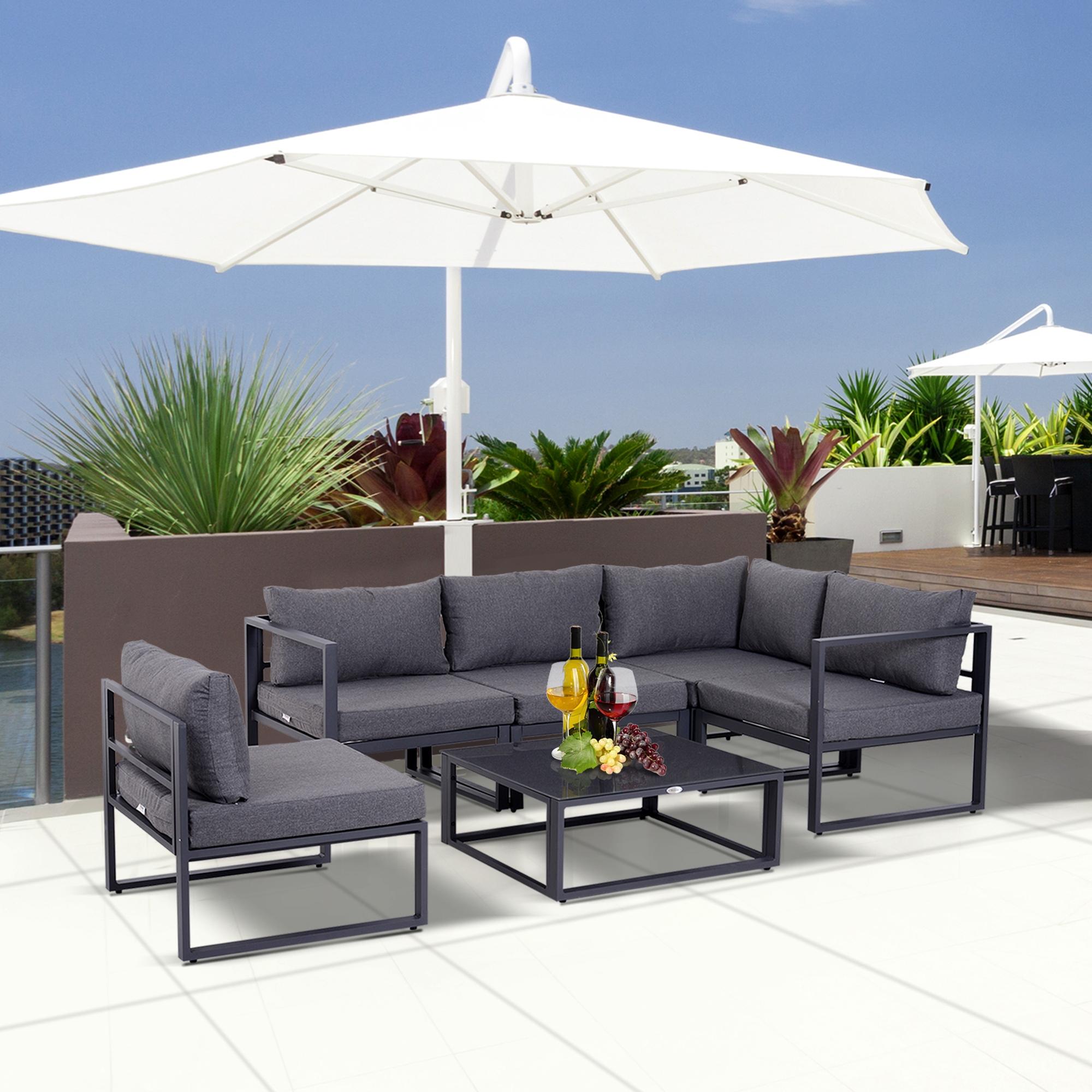 6-tlg. Gartengarnitur Gartenset Gartensofaset Sitzgruppe Gartenmöbel Alu+ Polyester + Hartglas Grau 4 x Sessel 1 x Ecksofa 1 x Beistelltisch Kissen für 4–5 Personen