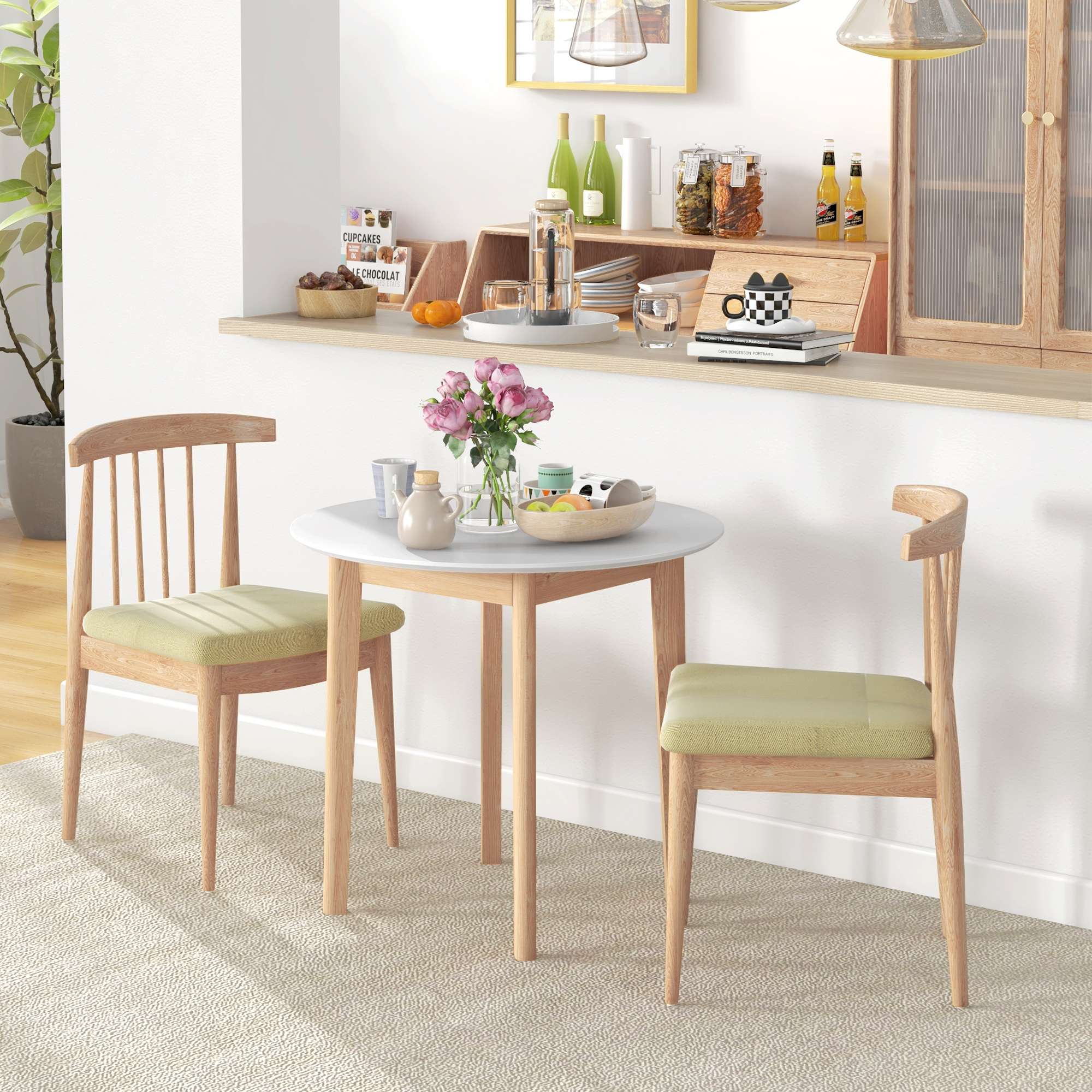 Esstisch Küchentisch runder Tisch, Skandi-Design, 75 cm x 75 cm x 76 cm, Weiß + Natur