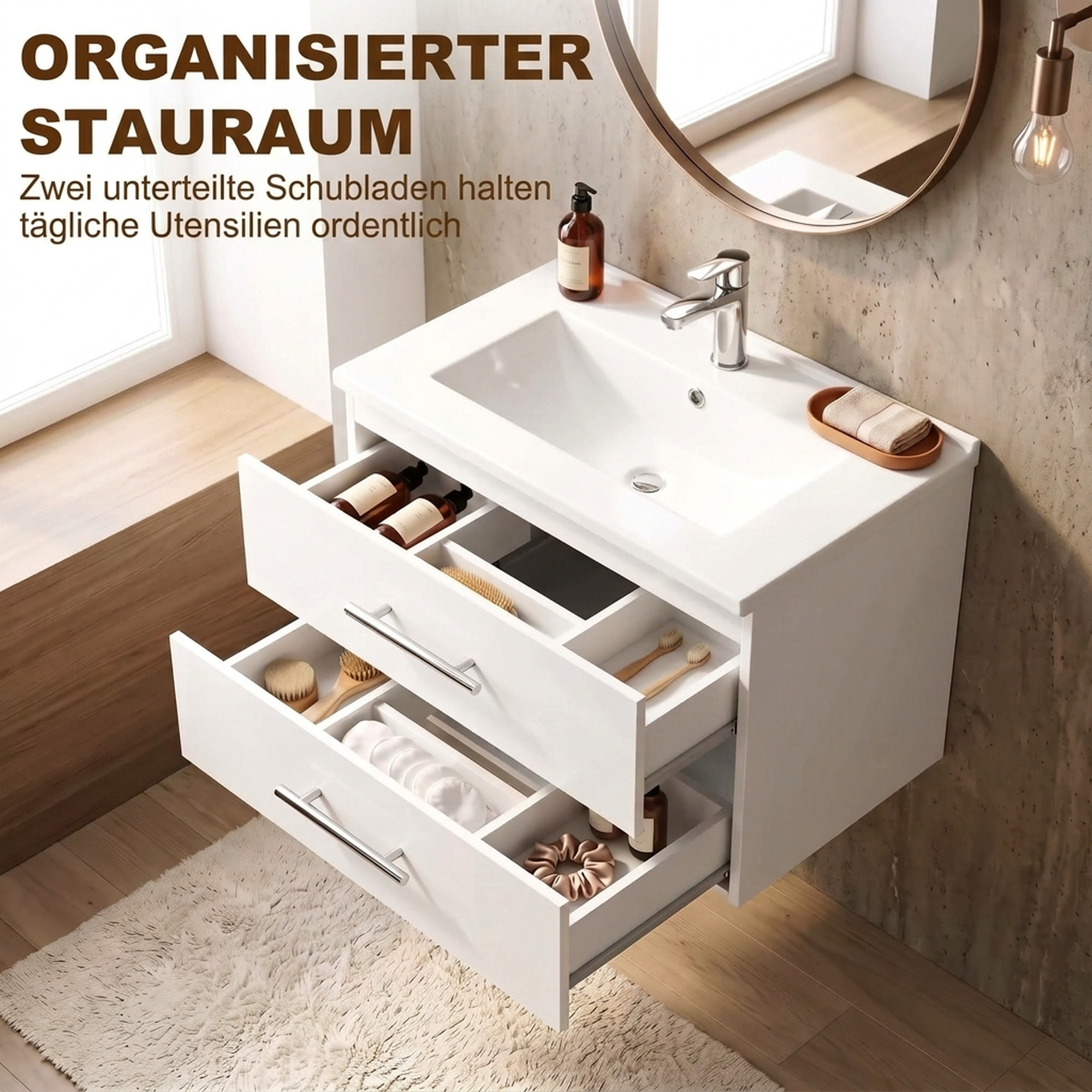 Waschbeckenunterschrank für Wandmontage Badezimmer Unterschrank mit Keramikbecken 60 cm Weiß