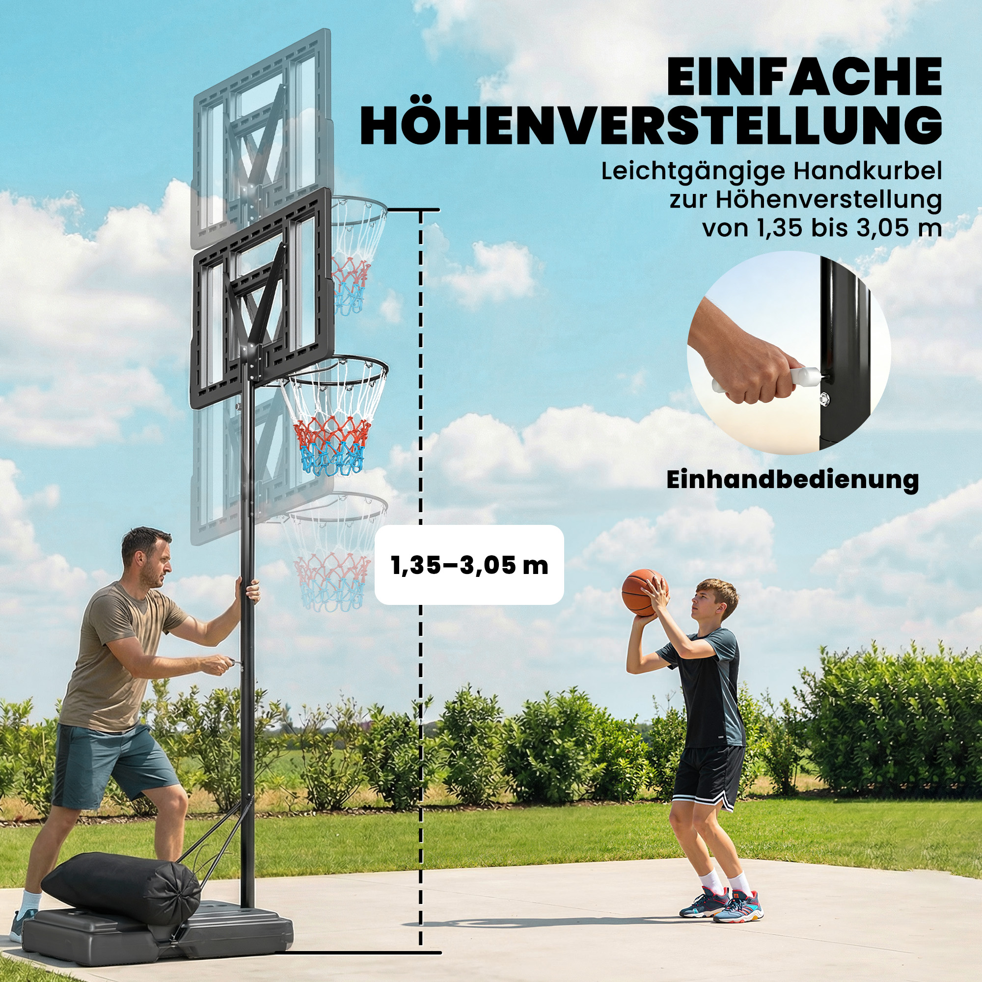 Basketballkorb Outdoor 135-305cm schnell Höhenverstellbar Basketballständer mit 110x70cm bruchsichere Rückwand 2 Rädern