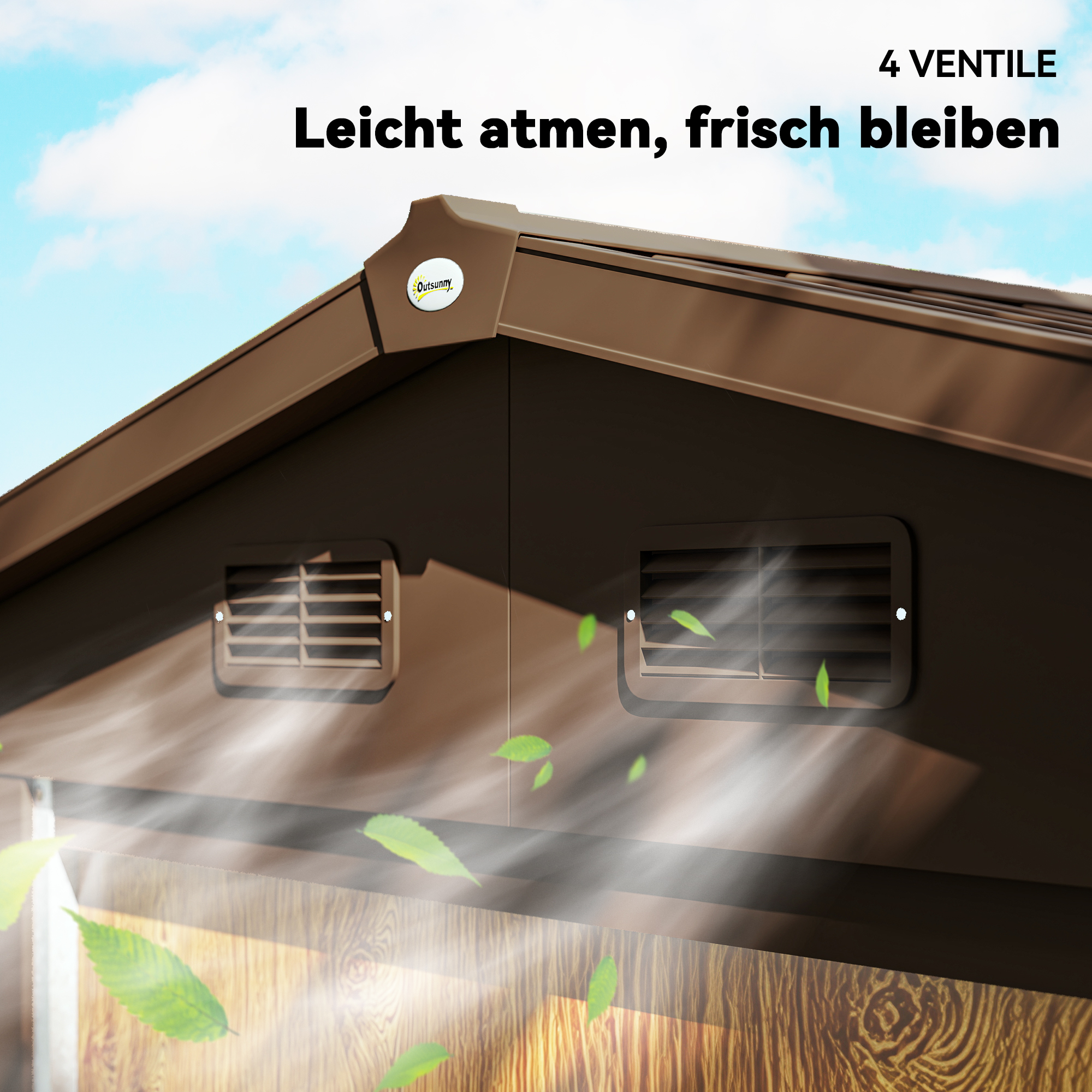 Gartenschuppen, Geräteschuppen, Gartenhaus mit Fenster, wetterfest, Holzoptik, Stahl, 152 x 235,7 x 208,7 cm, Braun