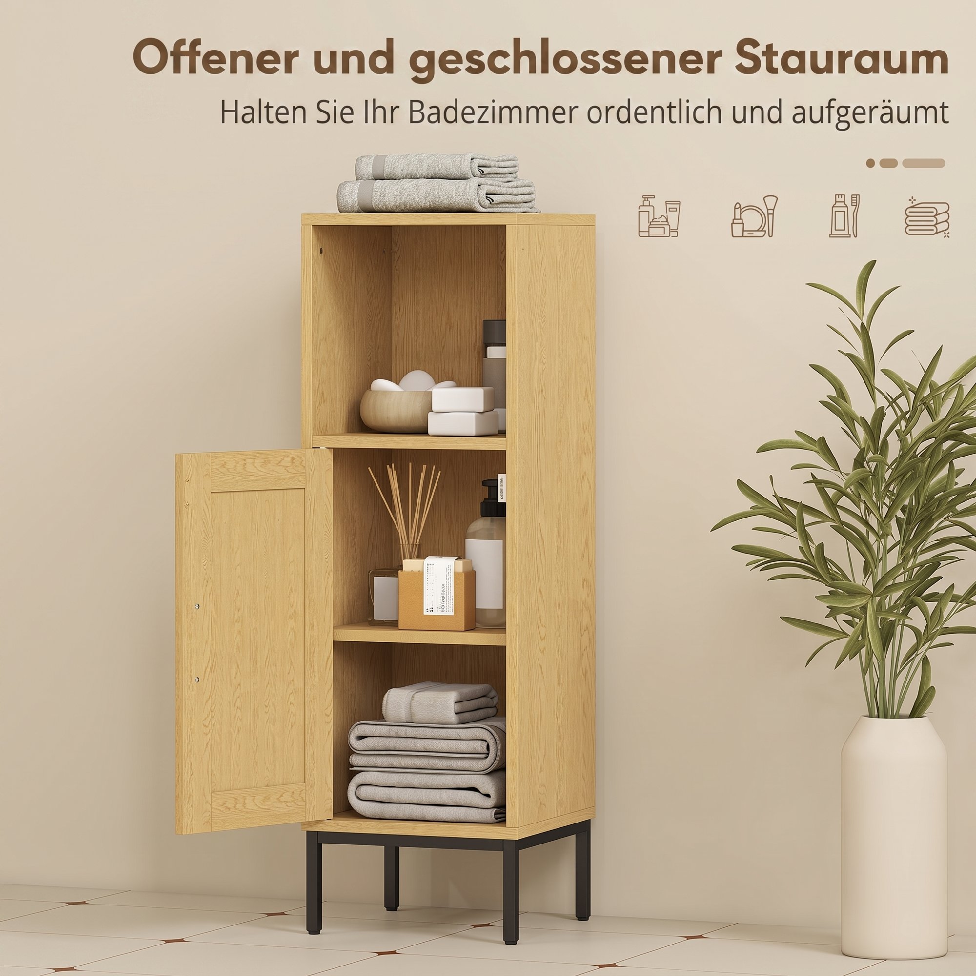 Badezimmerschrank, schmaler Badschrank freistehend mit verstellbarem Einlegeboden, Natur