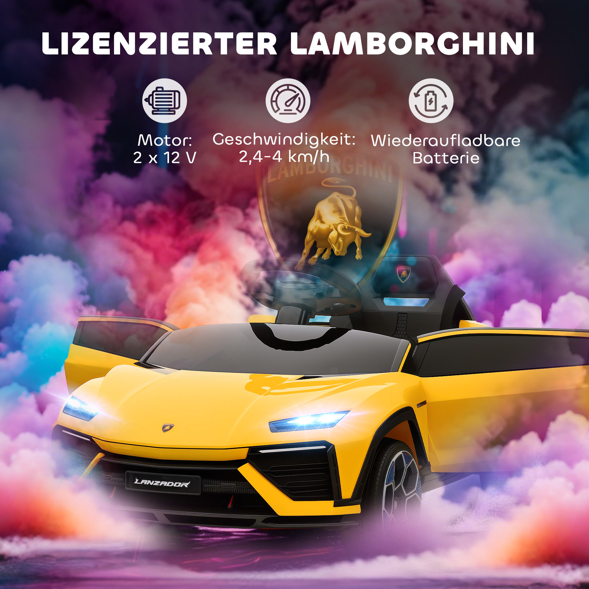 Kinder Elektroauto 12V Kinderauto mit 2,4 GHz Fernbedienung, 2 Motor, Hupe, LED, Musik, 101,5 x 49 x 43 cm, Gelb