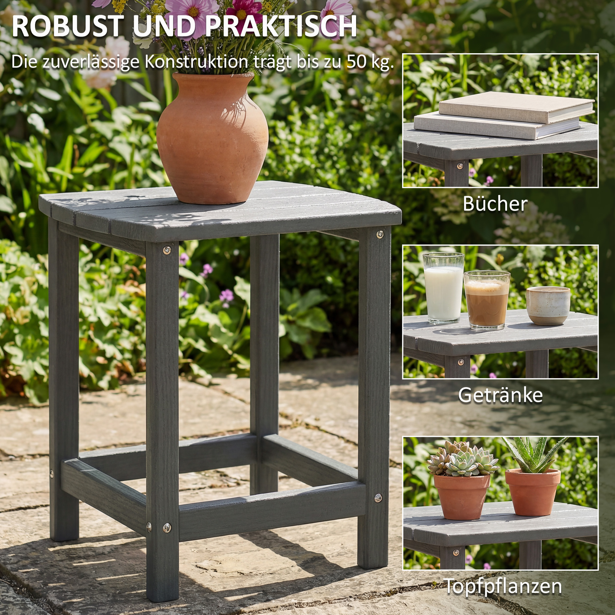 Gartentisch, Wetterfest Balkontisch aus HDPE, Esstisch Outdoor Campingtisch für Garten Terrasse Balkon 48x37x46 cm Grau