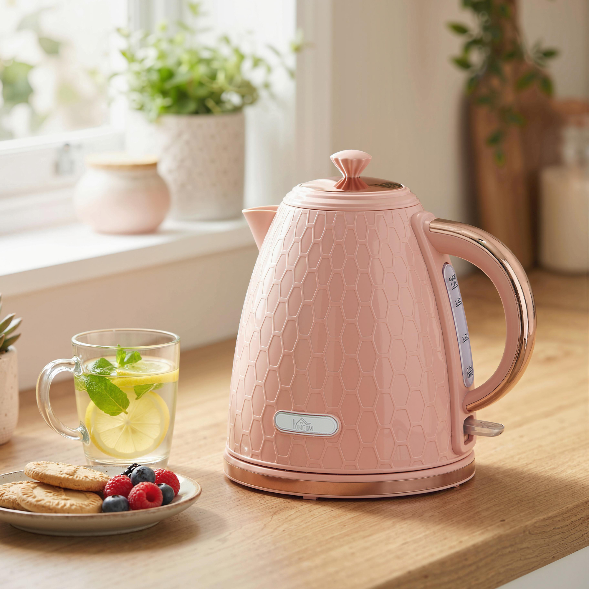 Elektrischer Wasserkocher, 1,7L, Schnellkochfunktion, 2,2kW, Kabellos mit herausnehmbarem Anti-Kalk-Filter, Hellrosa