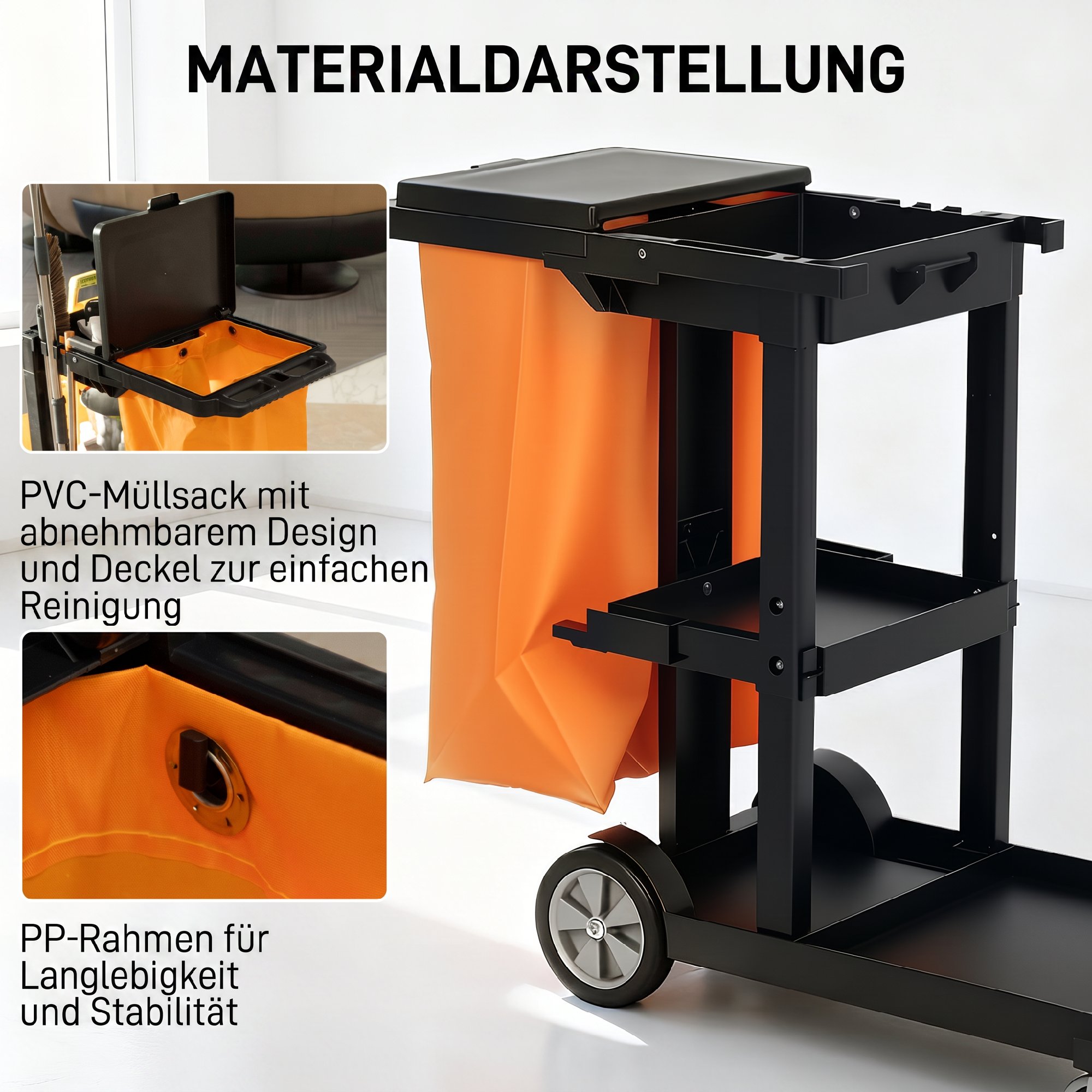 Reinigungswagen Putzwagen mit 3 Ablagefächern Wischwagen mit Müllsack mit Abdeckung, Rollen für Gewerbe