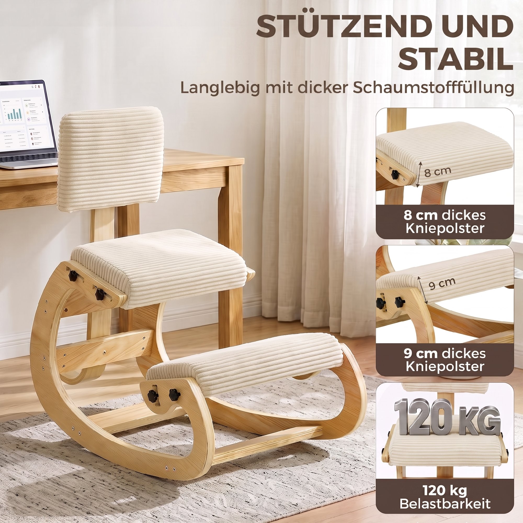 Ergonomischer Kniestuhl, Kniehocker mit Rückenlehne, Cord-Optik, Bürostuhl für Zuhause, Büro, Meditation, Cremeweiß