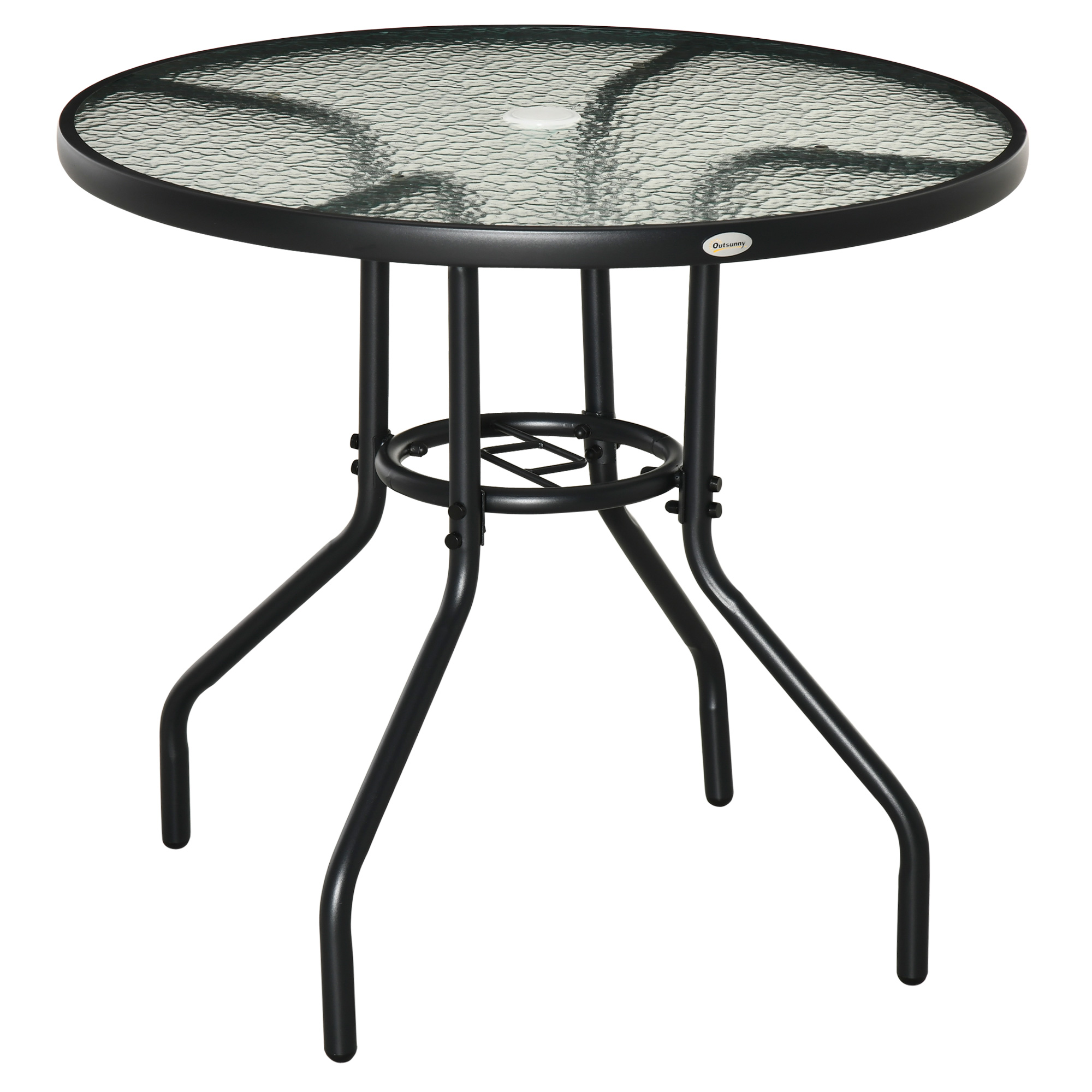 Gartentisch Garten Beistelltisch Gartenmöbel Balkontisch Bistrotisch mit Schirmloch Hartglas + Metall Schwarz Ø80 x 72 cm