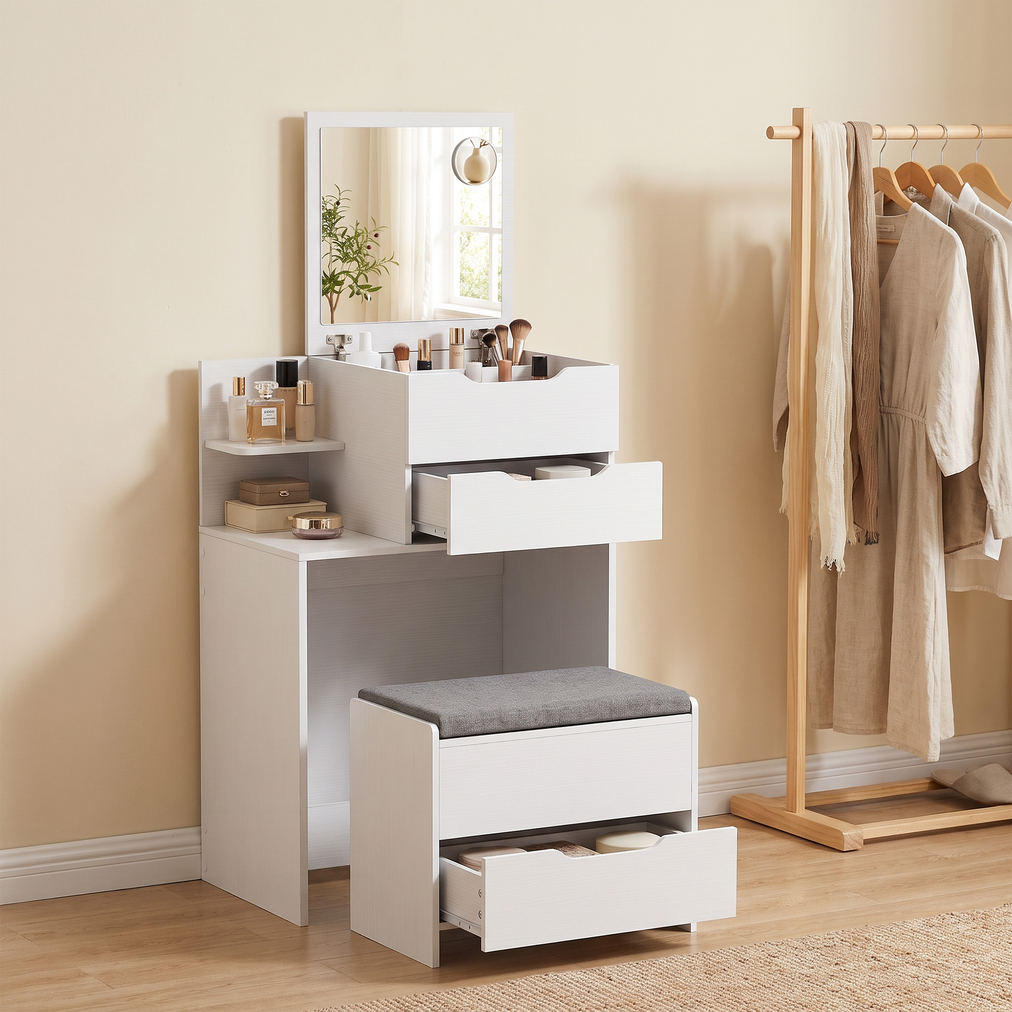 Schminktisch mit Spiegel und Hocker mit Klappspiegel, Kosmetiktisch mit Schubladen, Weiß