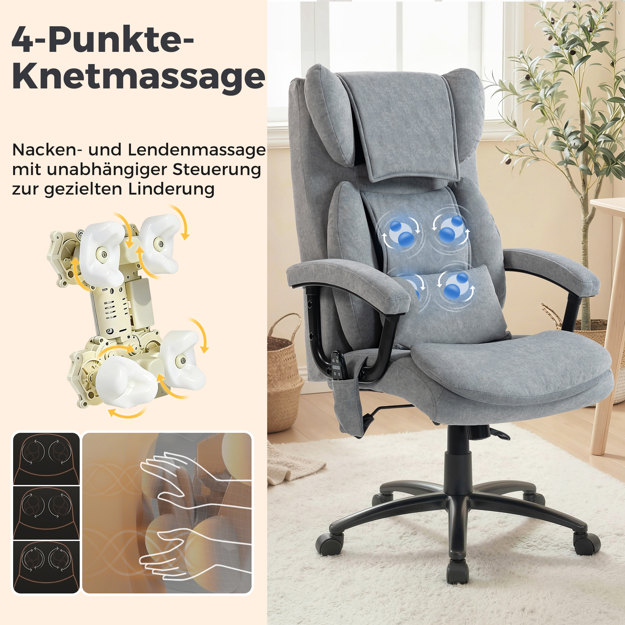 ergonomischer Massage-Bürostuhl mit 4 Knetpunkten, Chefsessel mit hoher Butterfly-Rückenlehne, breitem Sitz, Grau
