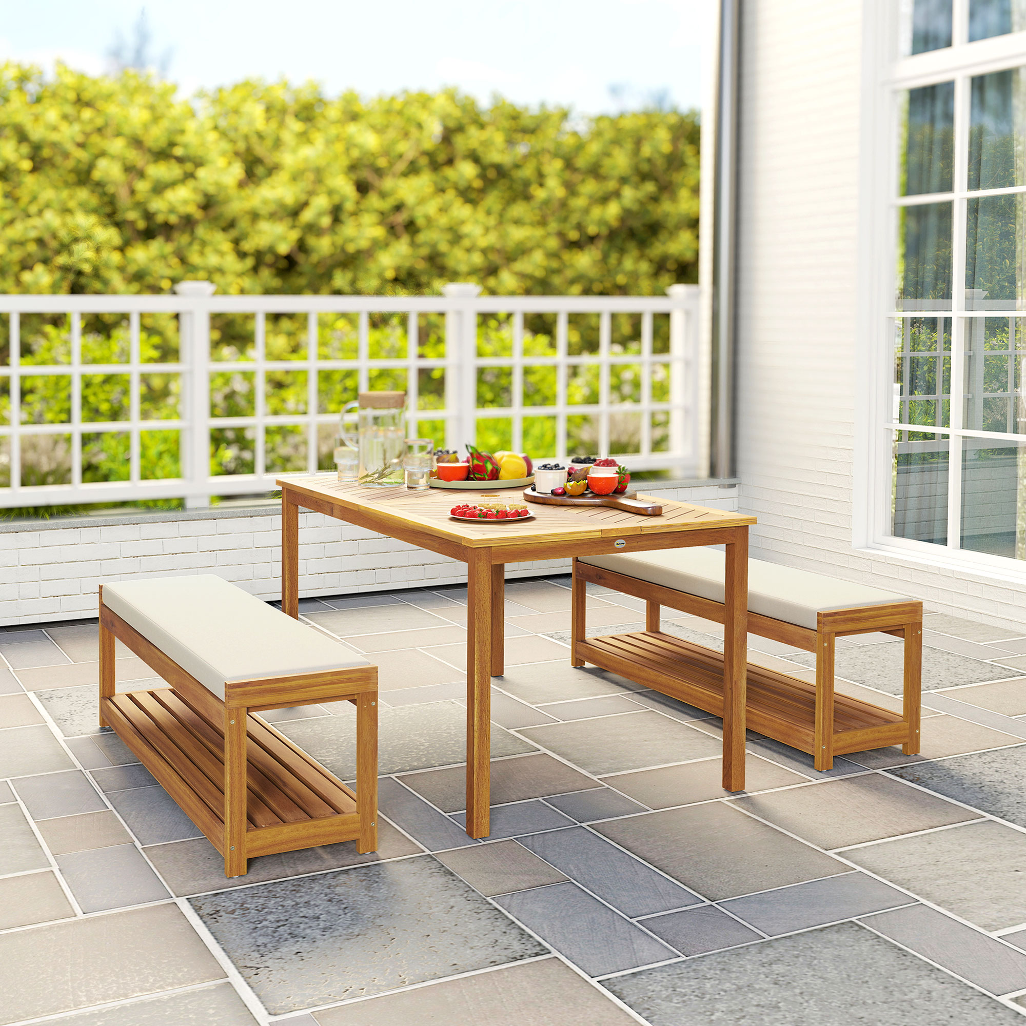 3 tlg. Gartenmöbel-Set, Sitzgarnitur inkl. 1 Esstisch mit Schirmloch, 2 Bänke 150 x 85 x 75 cm Teak
