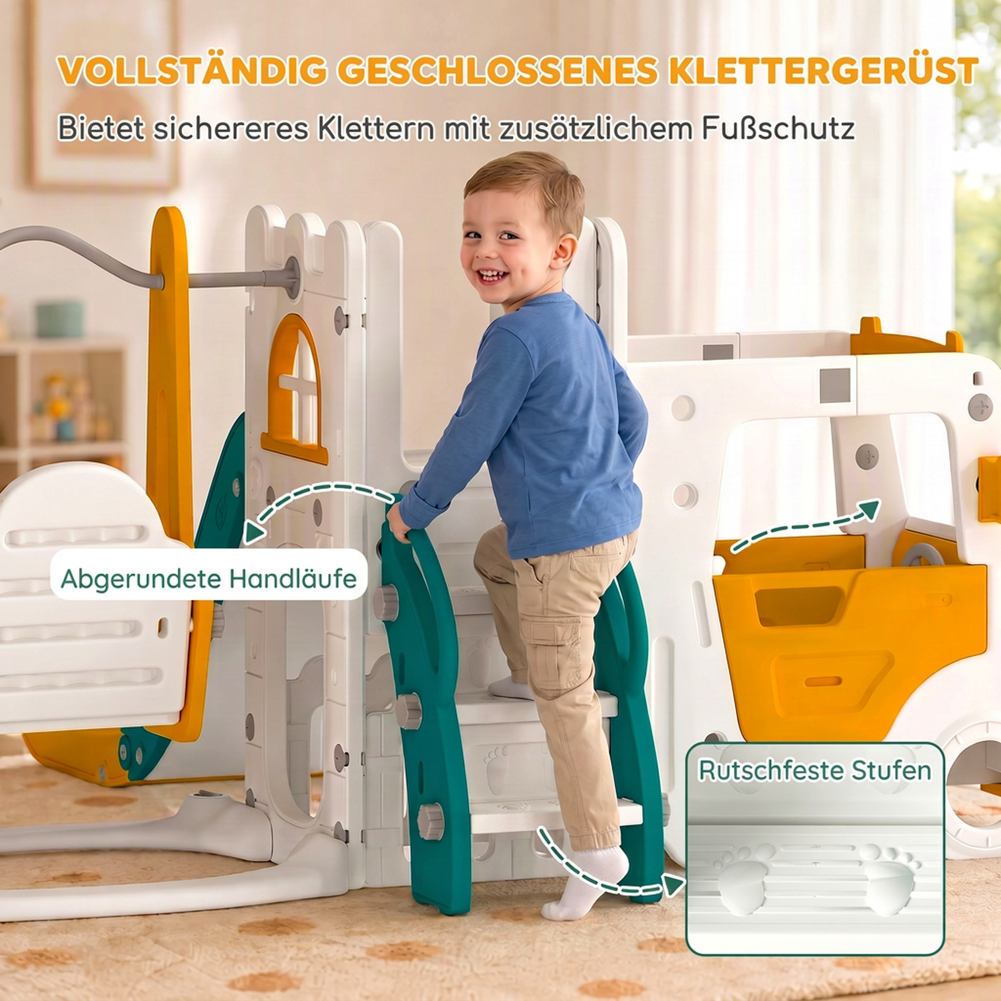 7 in 1 Kinderrutsche mit Schaukel Tunnel Gartenrutsche mit Auto Lenkrad Hupe Klettergerüst 4PCS Moduls 1–4 Jahre Weiß