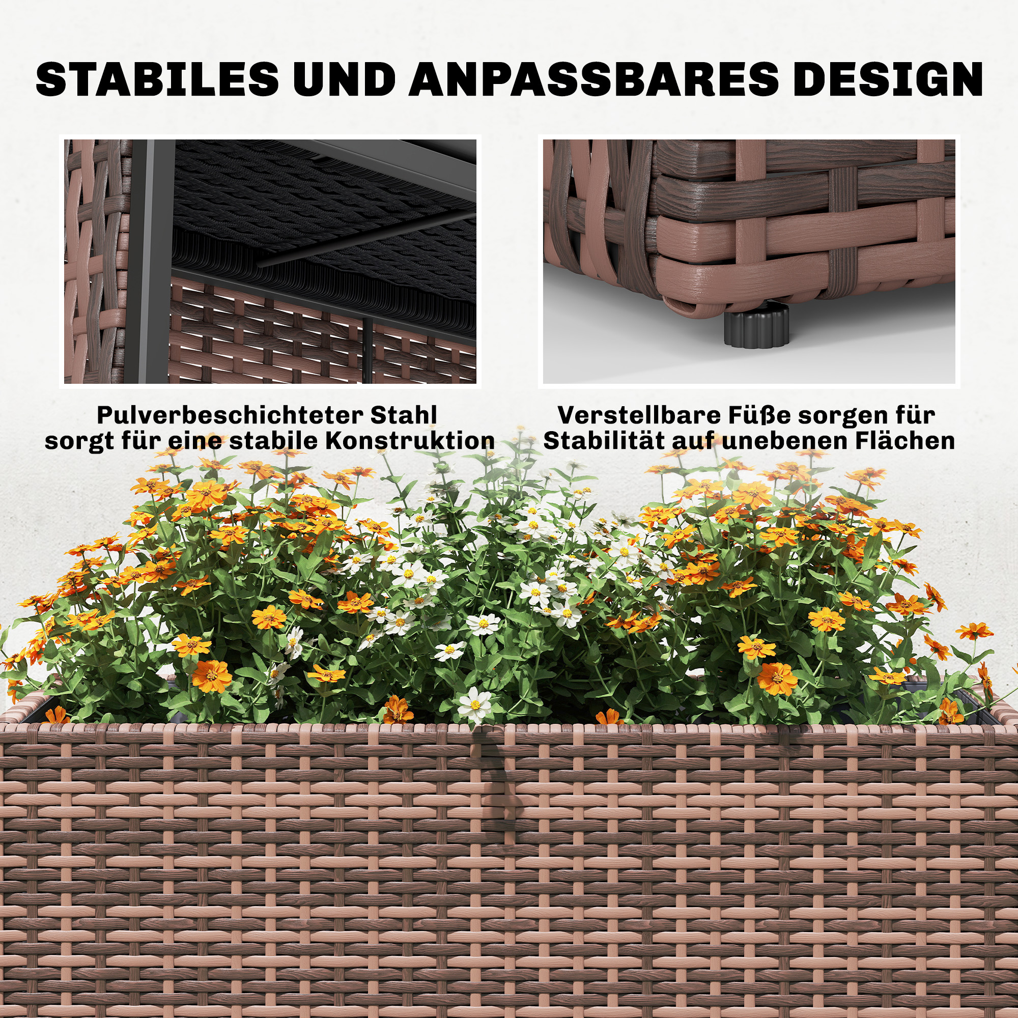 Hochbeet mit verstellbaren Füßen, Rattan Pflanzgefäß mit herausnehmbarem Einsatz für Terrasse und Balkon, Braun