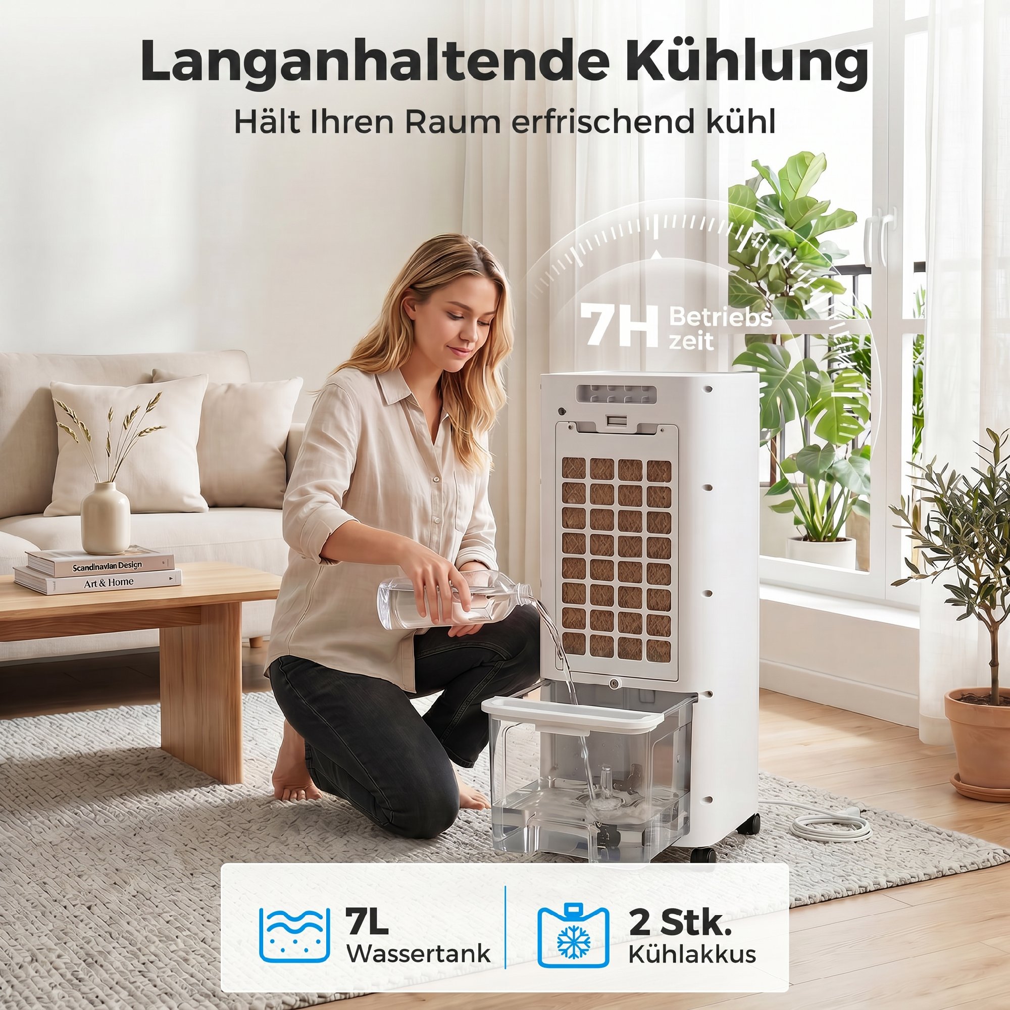 mobiler Luftkühler, 3-in-1 Verdunstungskühler mit 7-Liter-Wassertank, 48° Schwenkfunktion, Weiß
