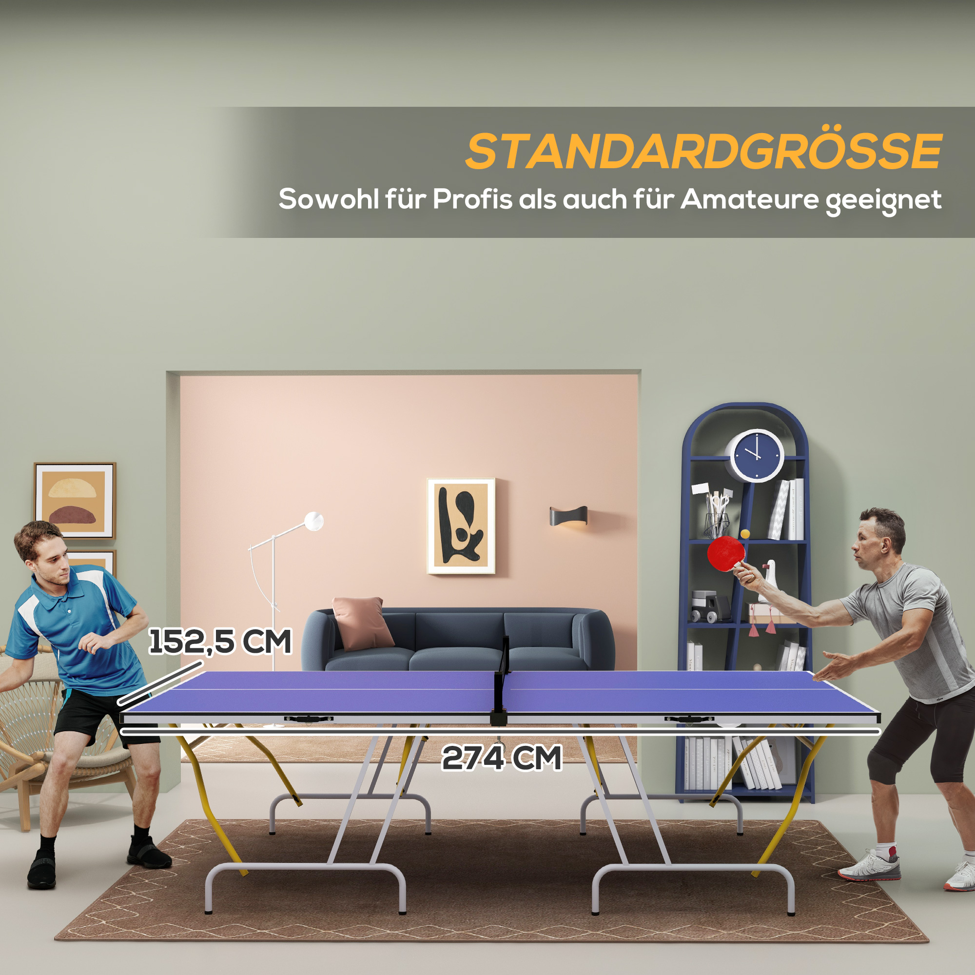 Tischtennisplatte, klappbar, inkl. 2 Schläger, 3 Bälle, Netz, Indoor, Metallgestell, 274x152x76cm, Blau