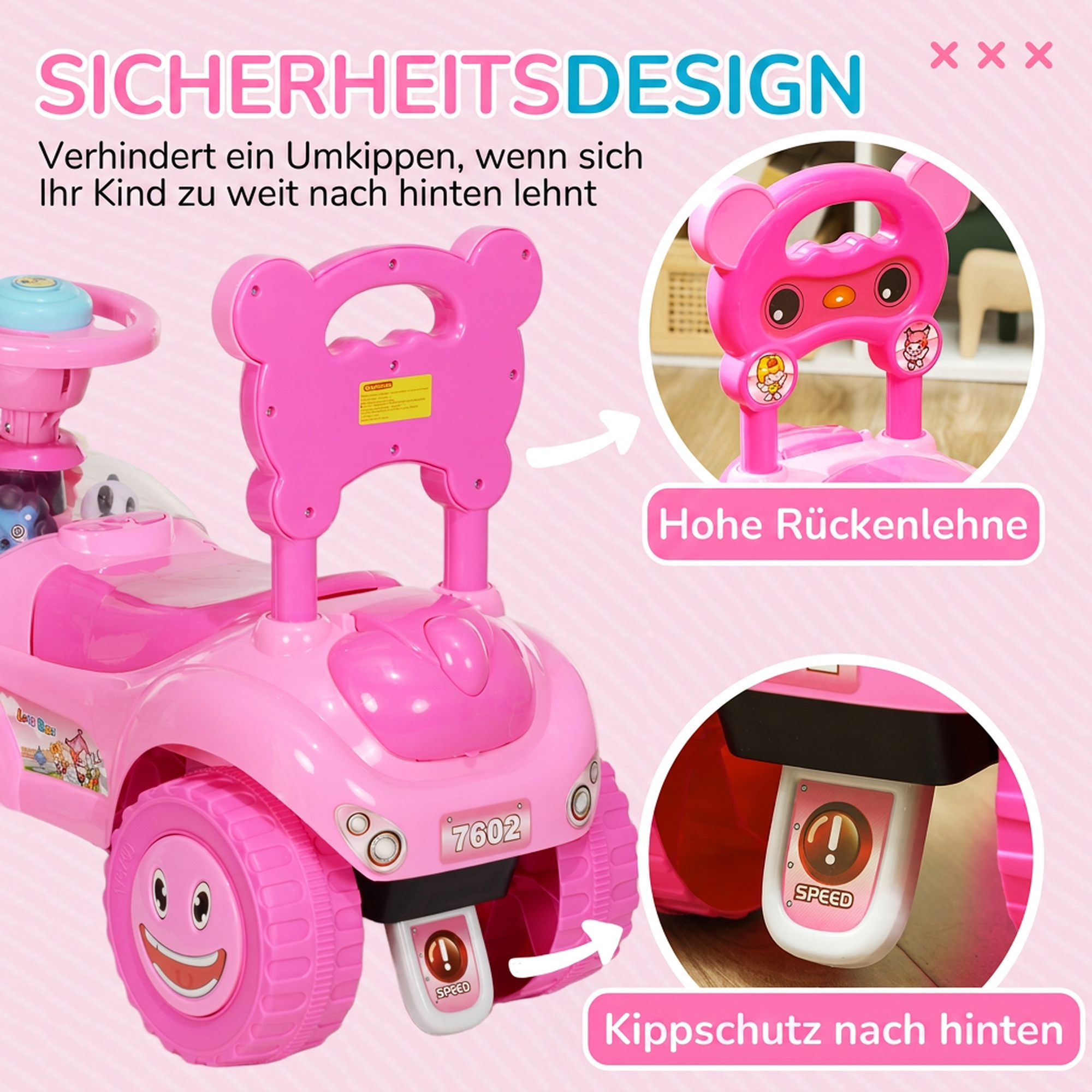 Rutschauto Kinder Rutschfahrzeug mit Musik Hupe, Licht Anti-Kipp-Schutz & Stauraum unter dem Sitz, 18-36 Monaten, Rosa