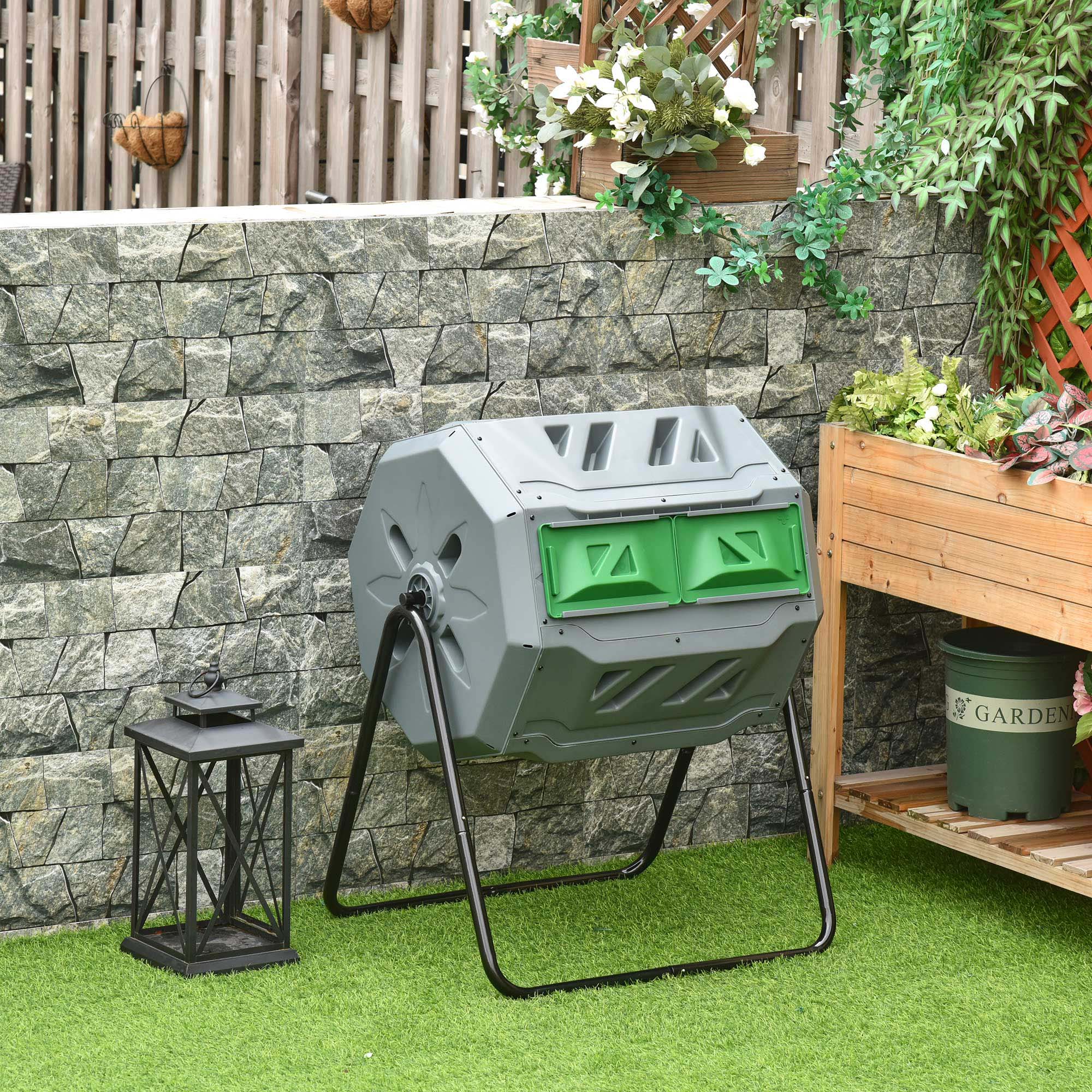 Kompostbehälter mit 2 Behältern, 160 L Fassungsvermögen, drehbar, 71 cm x 65 cm x 96 cm, Grau + Grün + Schwarz
