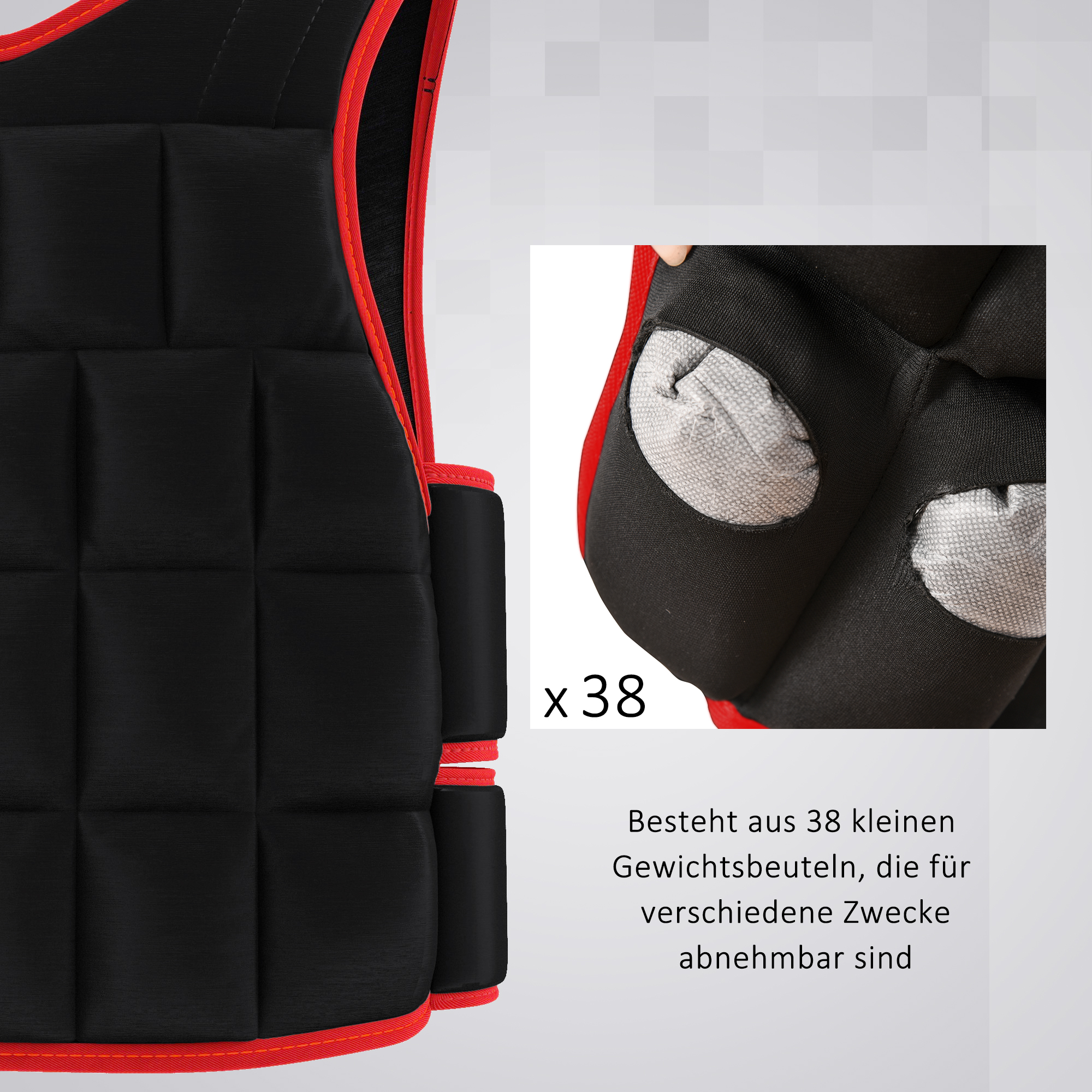 20 kg Trainingsweste Gewichtsweste mit doppelten Gurten verstellbar Krafttraining Fitness Oxford Metall-Sand Schwarz+Rot 60 x 50 cm