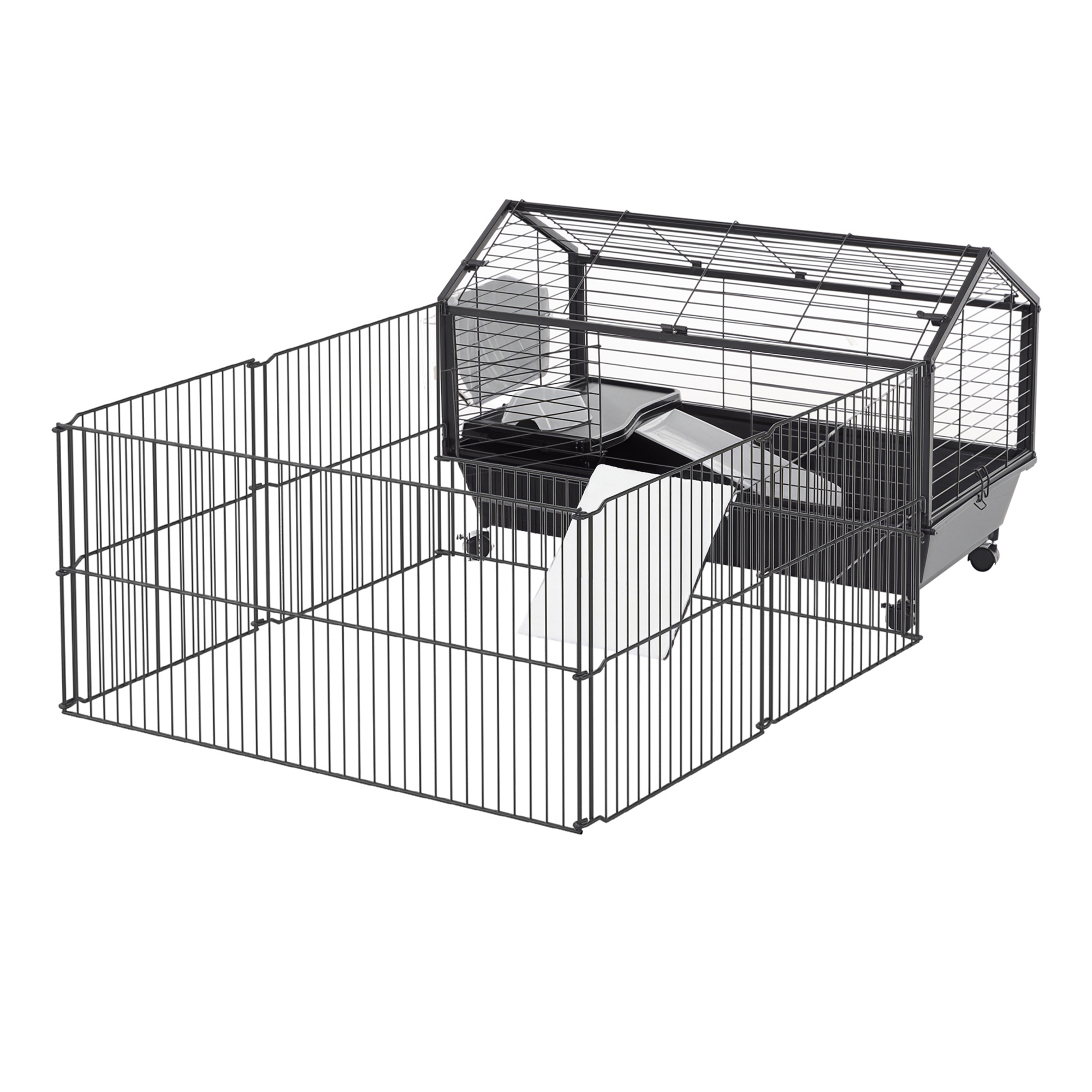 Kleintierkäfig mit Freigehege inkl. Zubehör 88 cm x 128,5 cm x 56 cm 4 Rollen Schwarz Metall Polypropylen Kleintierkäfig mit Freigehege inkl. Zubehör 88 cm x 128,5 cm x 56 cm 4 Rollen Schwarz Metall Polypropylen