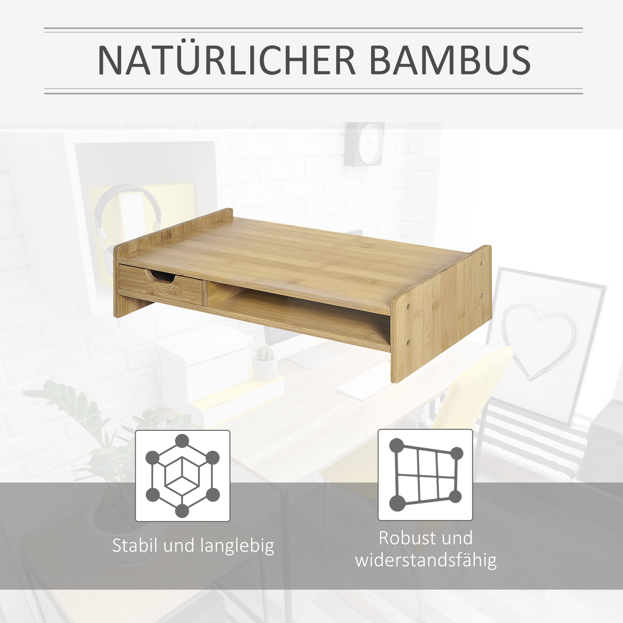Monitorständer mit Schublade Bildschirmerhöhung Monitor Ständer Bildschirmständer für PC Notebook Drucker 49 x 25,5 x 11,5 cm Natur