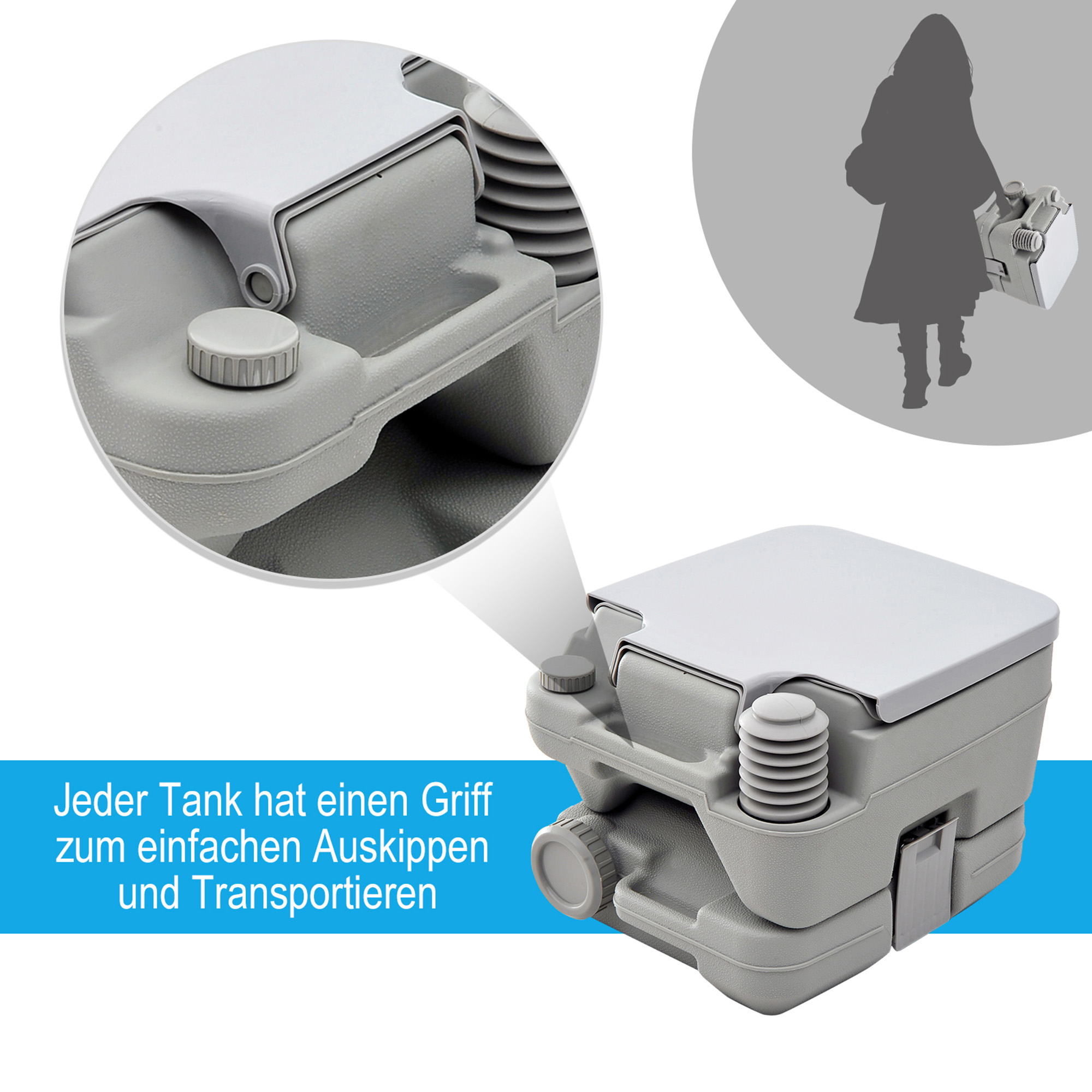 Outdoor-WC, tragbare Toilette, Abfalltank, Spültank, Kunststoff, Deckel, Grau
