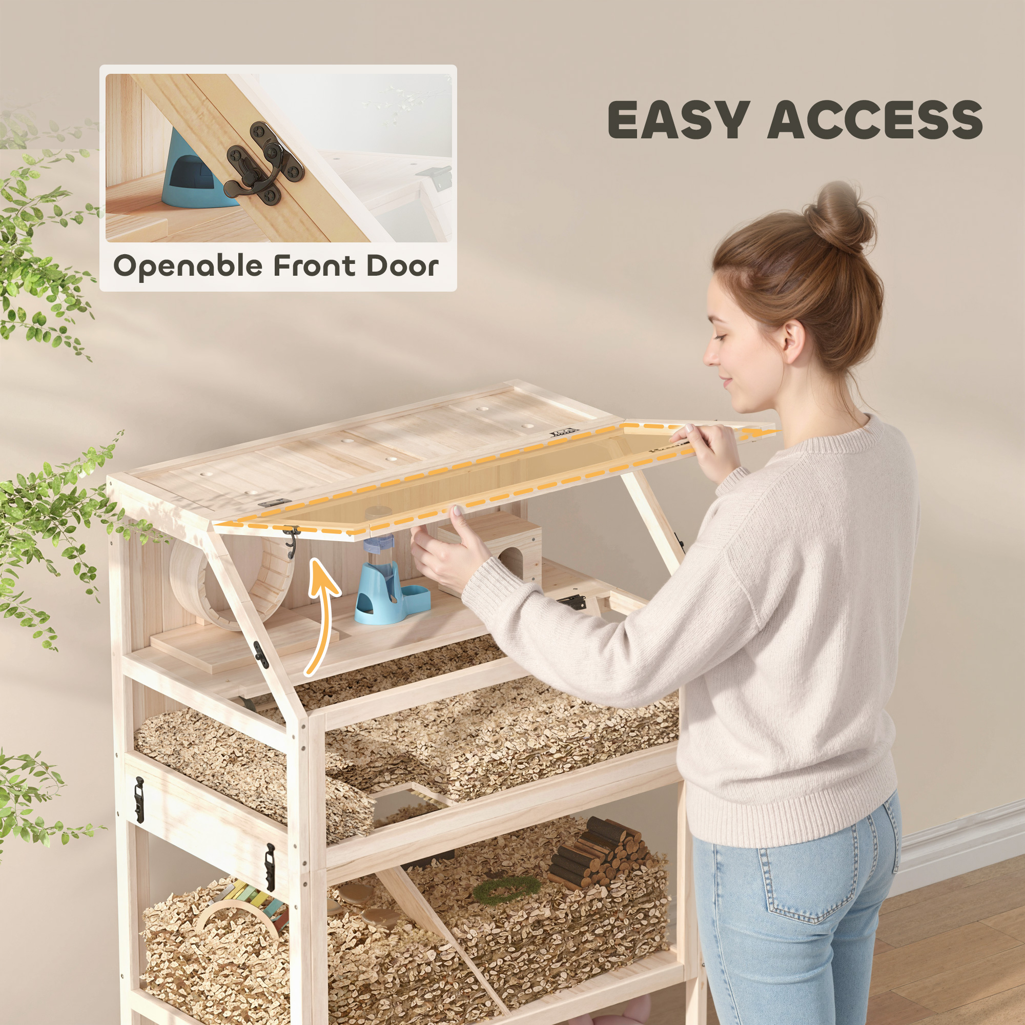 Hamsterkäfig aus Holz 3 Etagen Nagerkäfig mit abnehmbar Boden Ablage Laufrad Wippe Rampe Hütte 80x53x117cm Naturholz