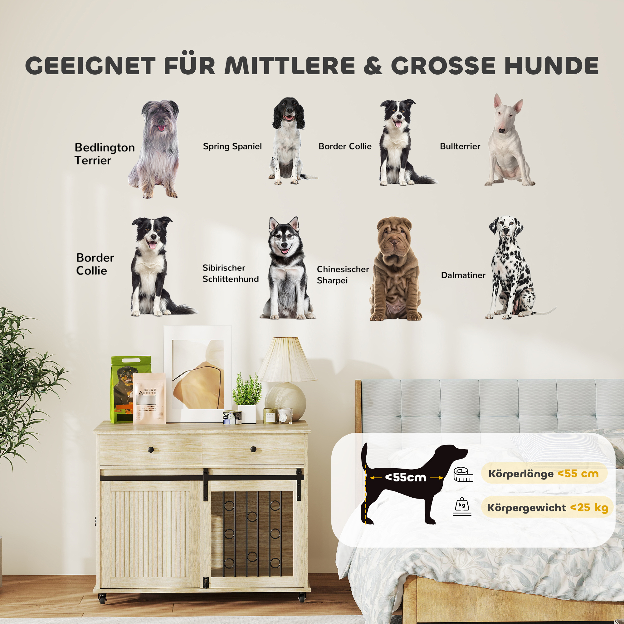 Hundebox auf Rädern, 2 Türen, 2 Schubladen, für mittlere und große Hunde, Holz, Stahl