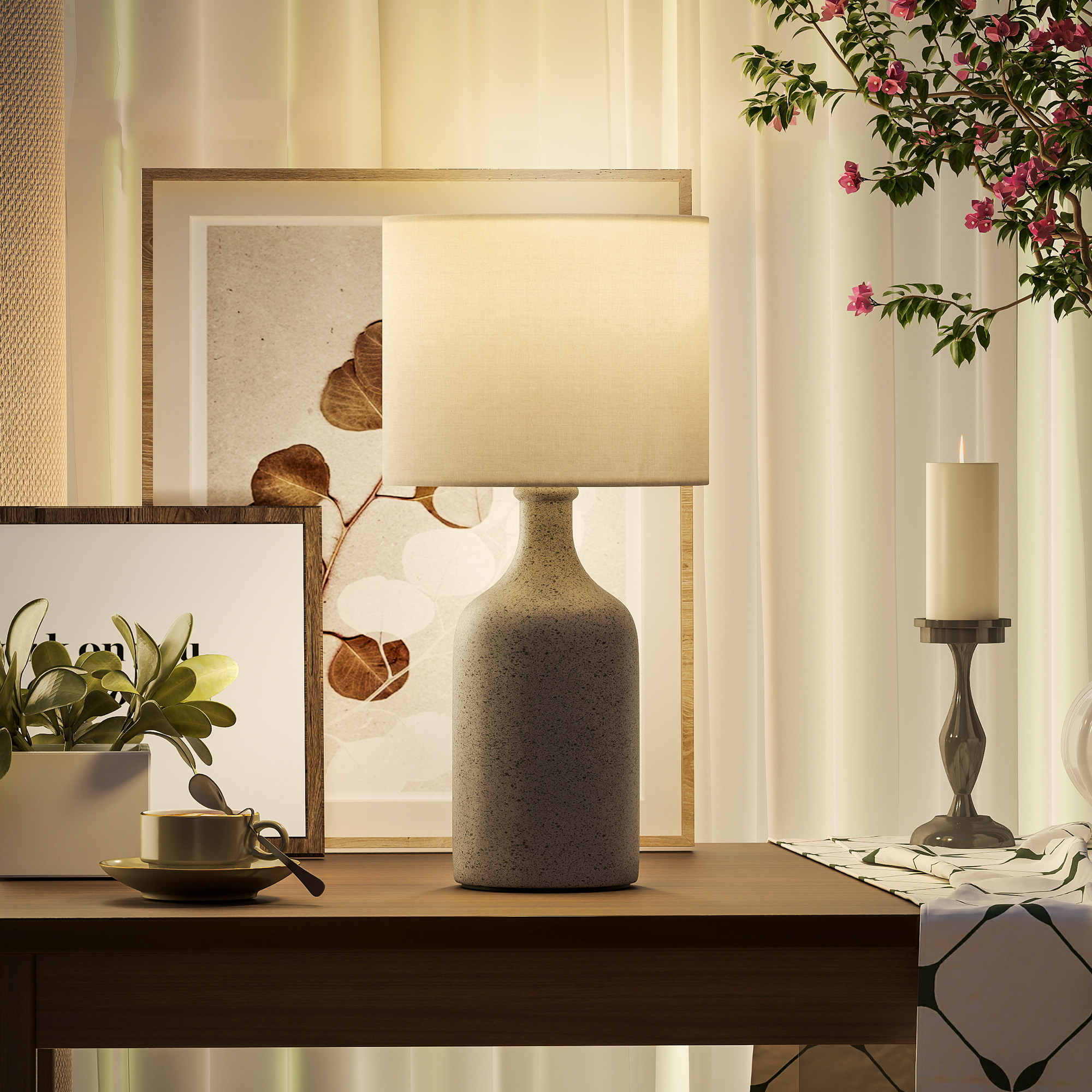 Tischlampe Tischleuchte, Nachttischlampe Schreibtischlampe mit Keramiksockel, Leinenschirm, 22x22x45 cm Sandbraun+Weiß