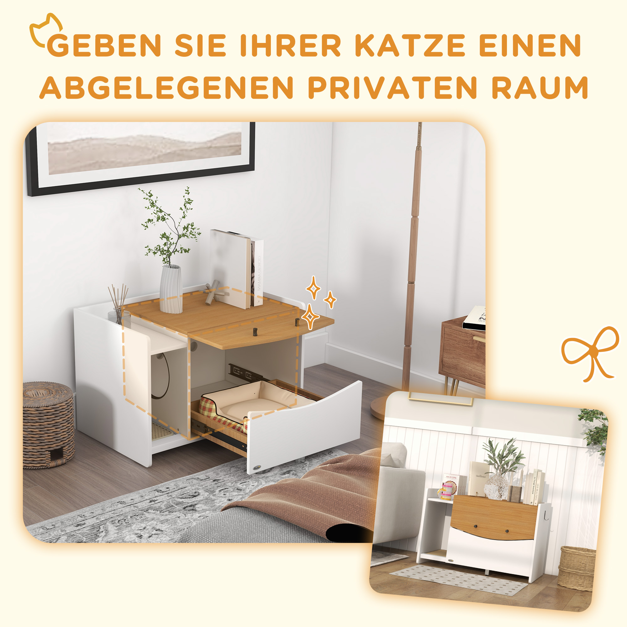 Katzentoilette, ausziehbar, Schrankdesign, Streufach, 78x50x51cm, Eiche/Weiß