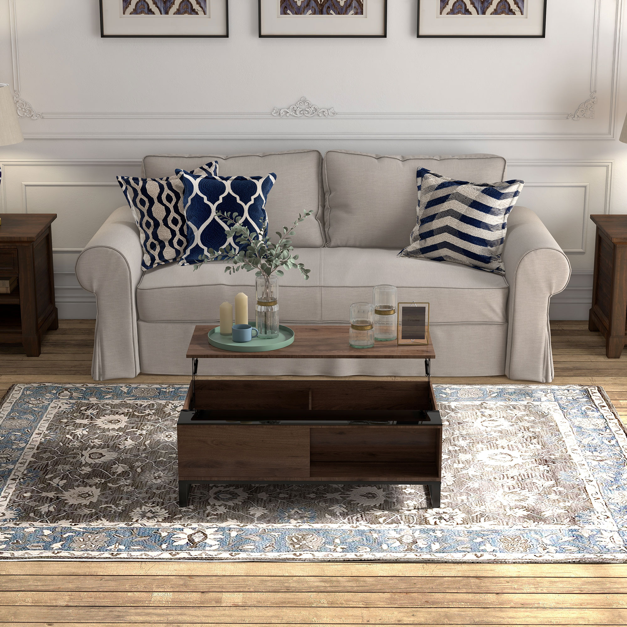 Beistelltisch mit Hebefunktion, verstecktes Staufach, Walsnussholzoptik, Stahlrahmen, 102 x 58 x 35,5 cm