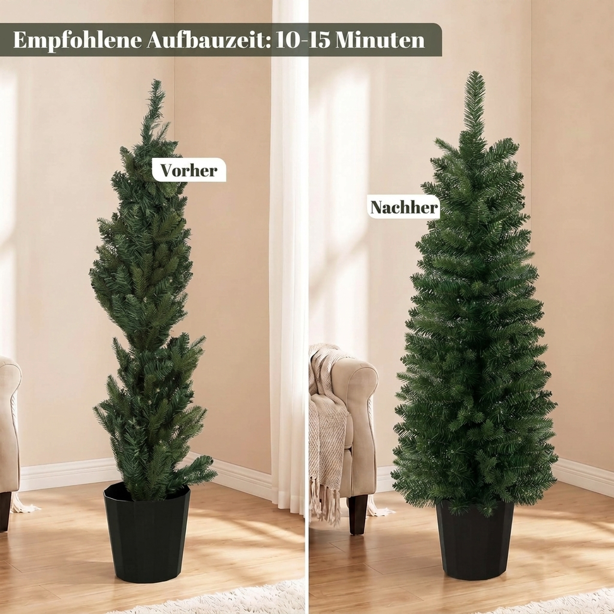 2er-Set künstliche Weihnachtsbäume, 120 cm, Tanne für den Eingangsbereich mit 170 Zweigspitzen, Pflanztopf-Basis, grün