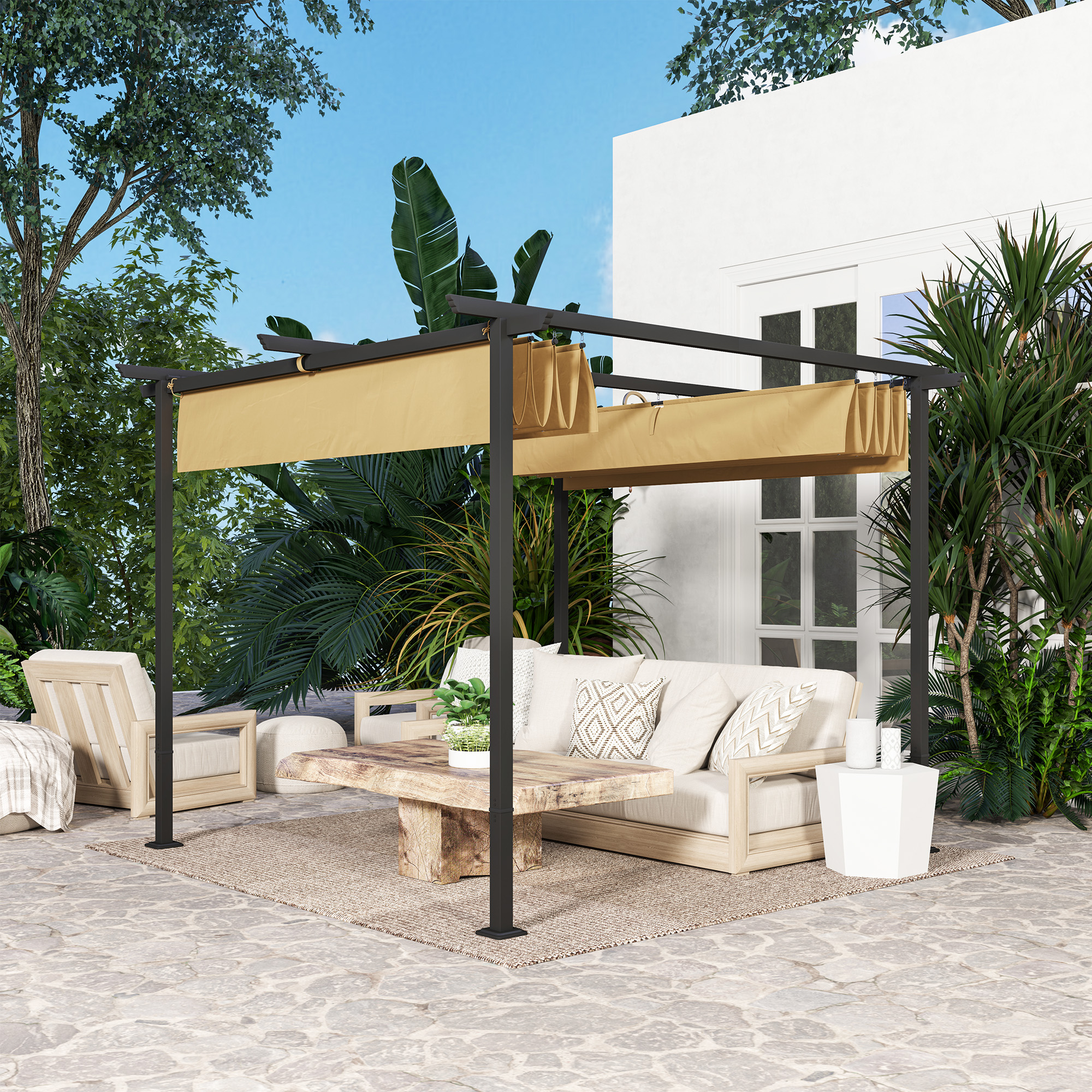 3 x 3 m Garten-Pergola mit verstellbarem Dach, Metallrahmen, UPF30+ Schutz, Sonnendach für Veranda, Terrasse, Beige