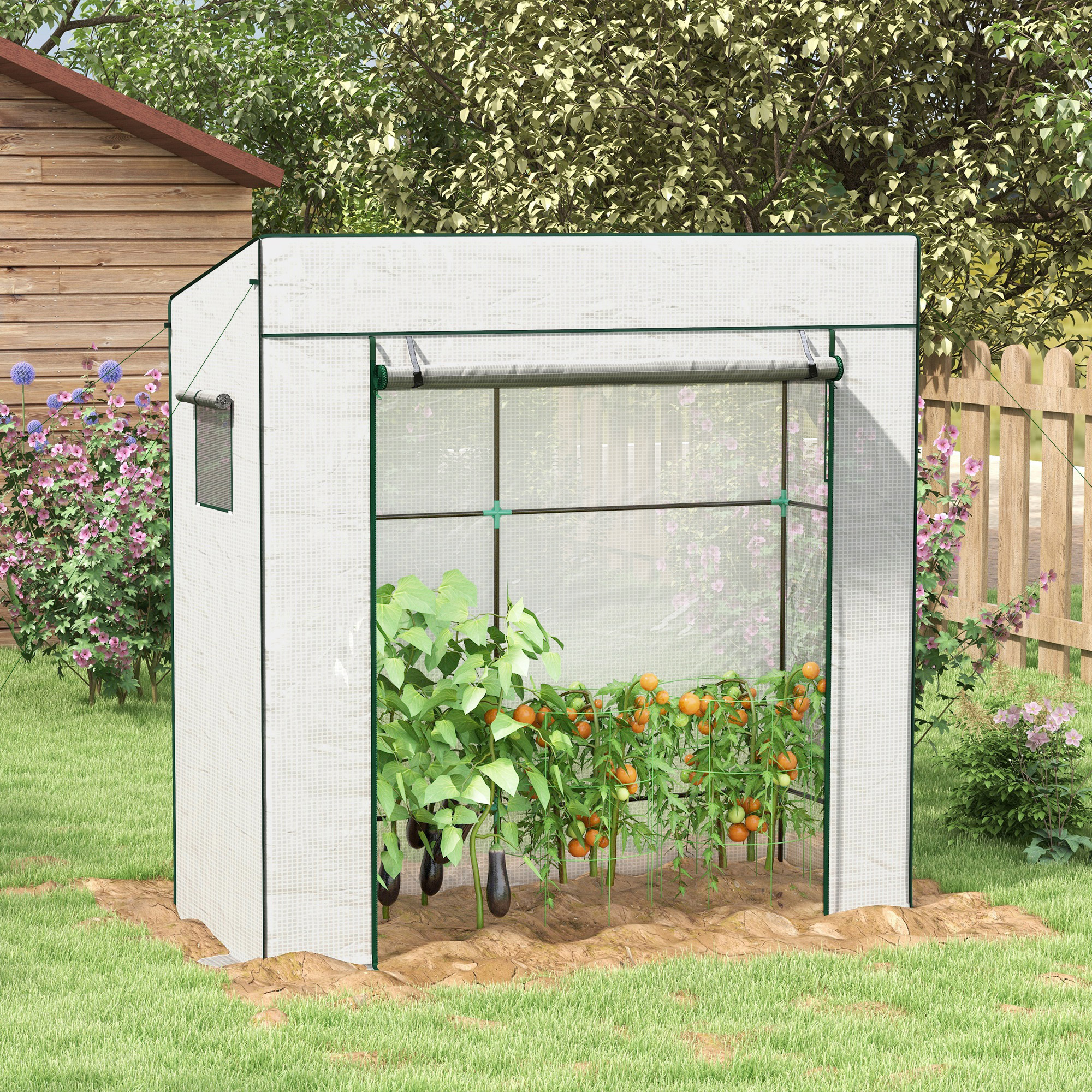 Tomatengewächshaus Foliengewächshaus mit Rolltor Mesh-Fenster Schrägdach 196 x 77 x 197 cm Weiß