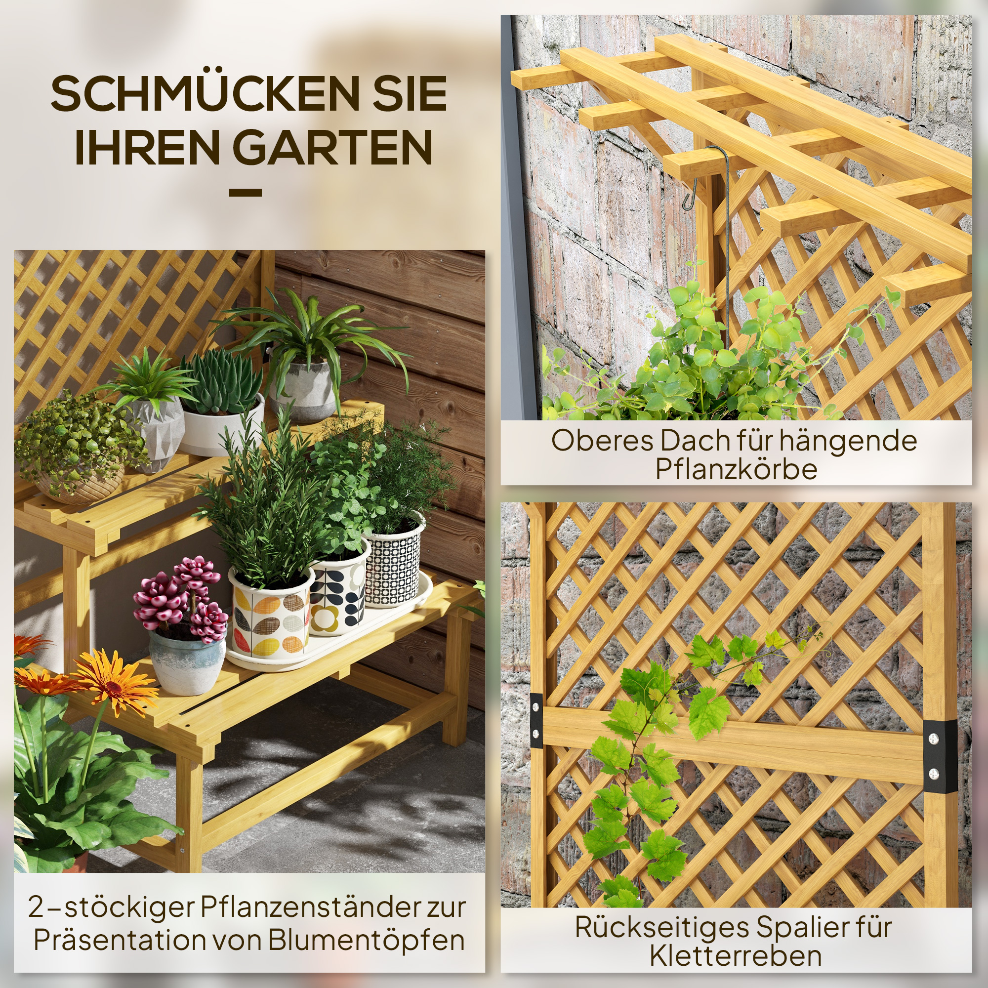 Pflanzenständer, Blumenregal, 2 Etagen, mit Spalier & Dach, Tannenholz, 75x50x166cm, Gelb