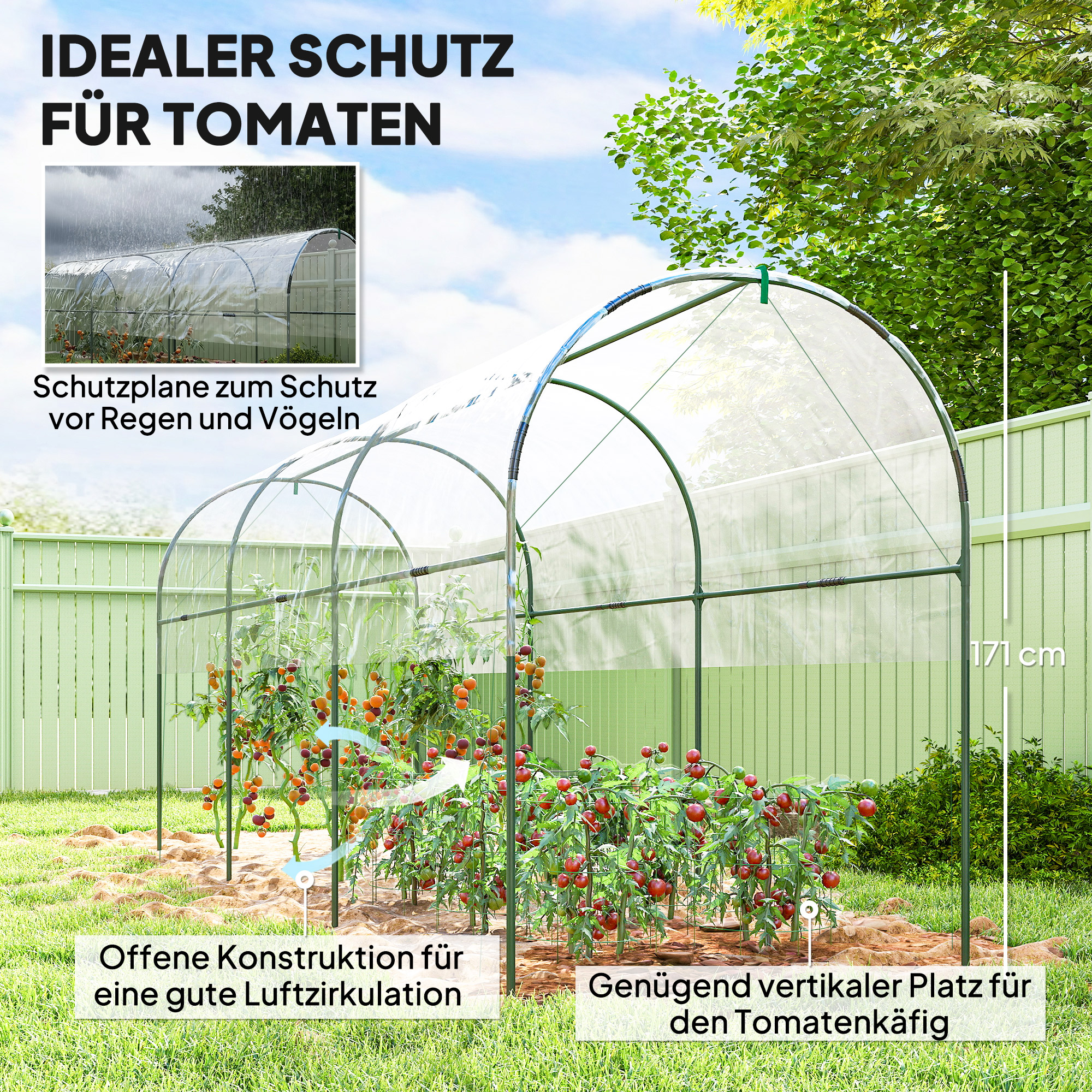 Gewächshaus winterfest Foliengewächshaus mit Bogendach, Erdanker Treibhaus 400 x 120 x 170cm Transparent