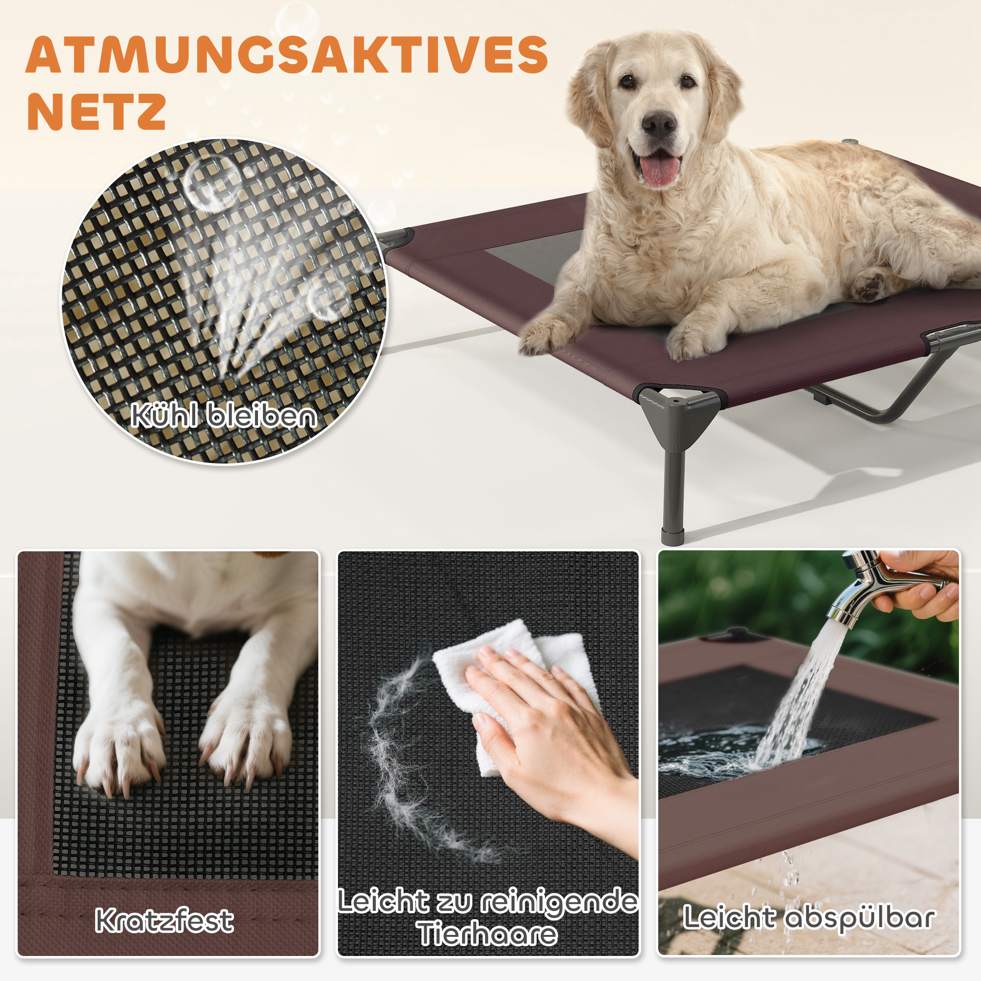 Hundeliege Outdoor mit Dach, erhöhtes Hundebett für Große Hunde, 91 x 76 x 90 cm, Kaffee