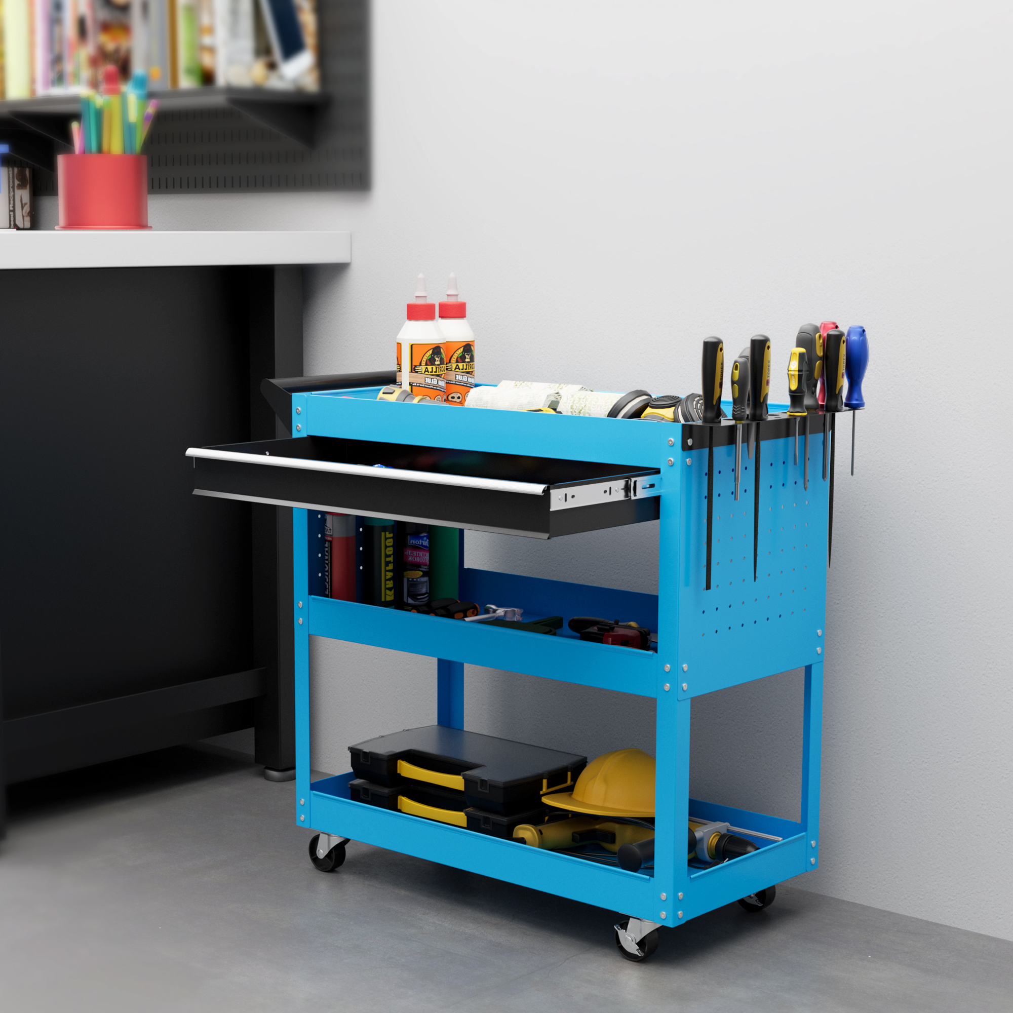 Werkzeugkoffer Werkzeugtrolley Werkzeugbox, 3 Ebenen, 4 Rollen, 82 cm x 35 cm x 76 cm, Blau